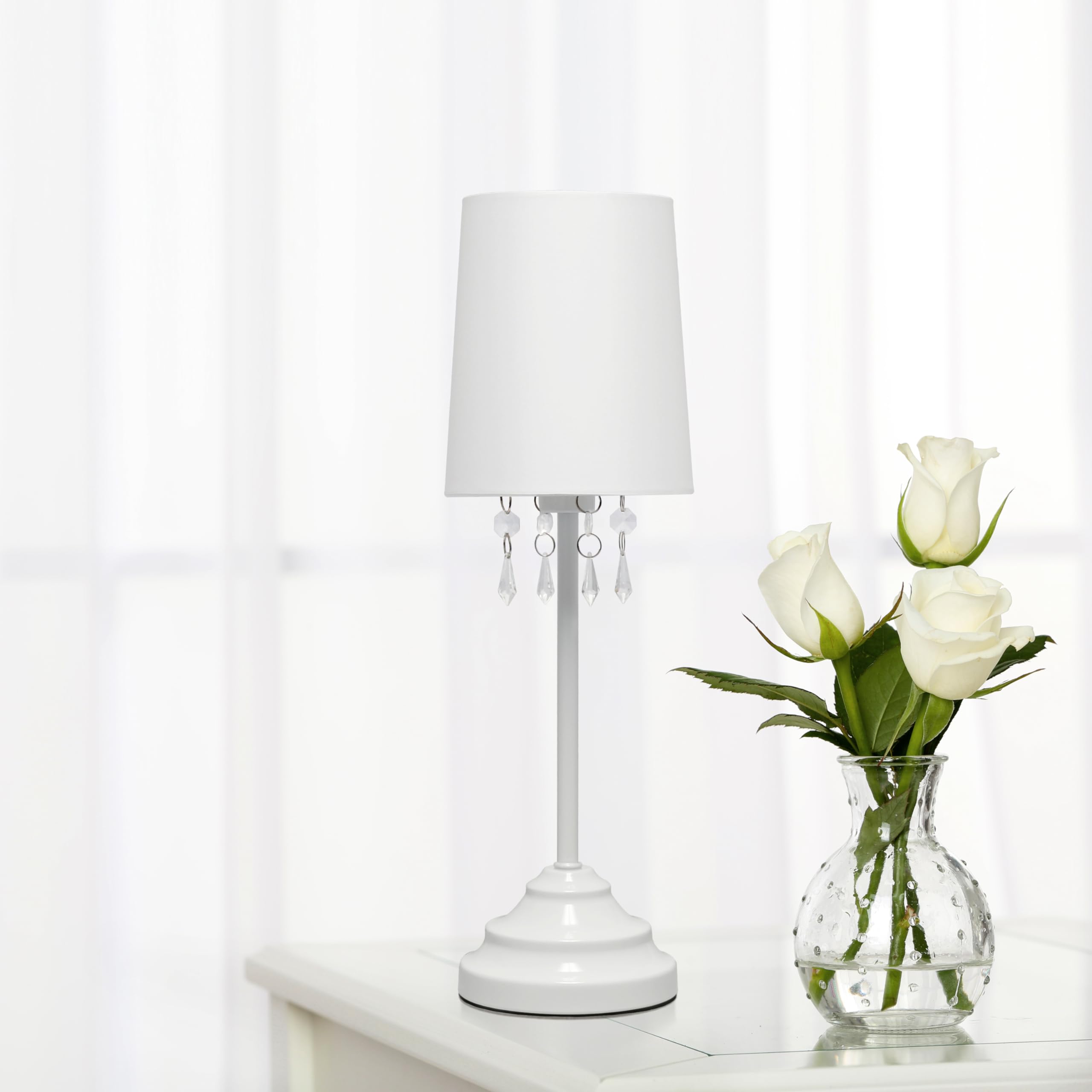 Simple Designs LT3018-WHT Table Lamp, Fabric Shade, Acrylic Beads, White, 16.62in Height, Metal, Single Pack