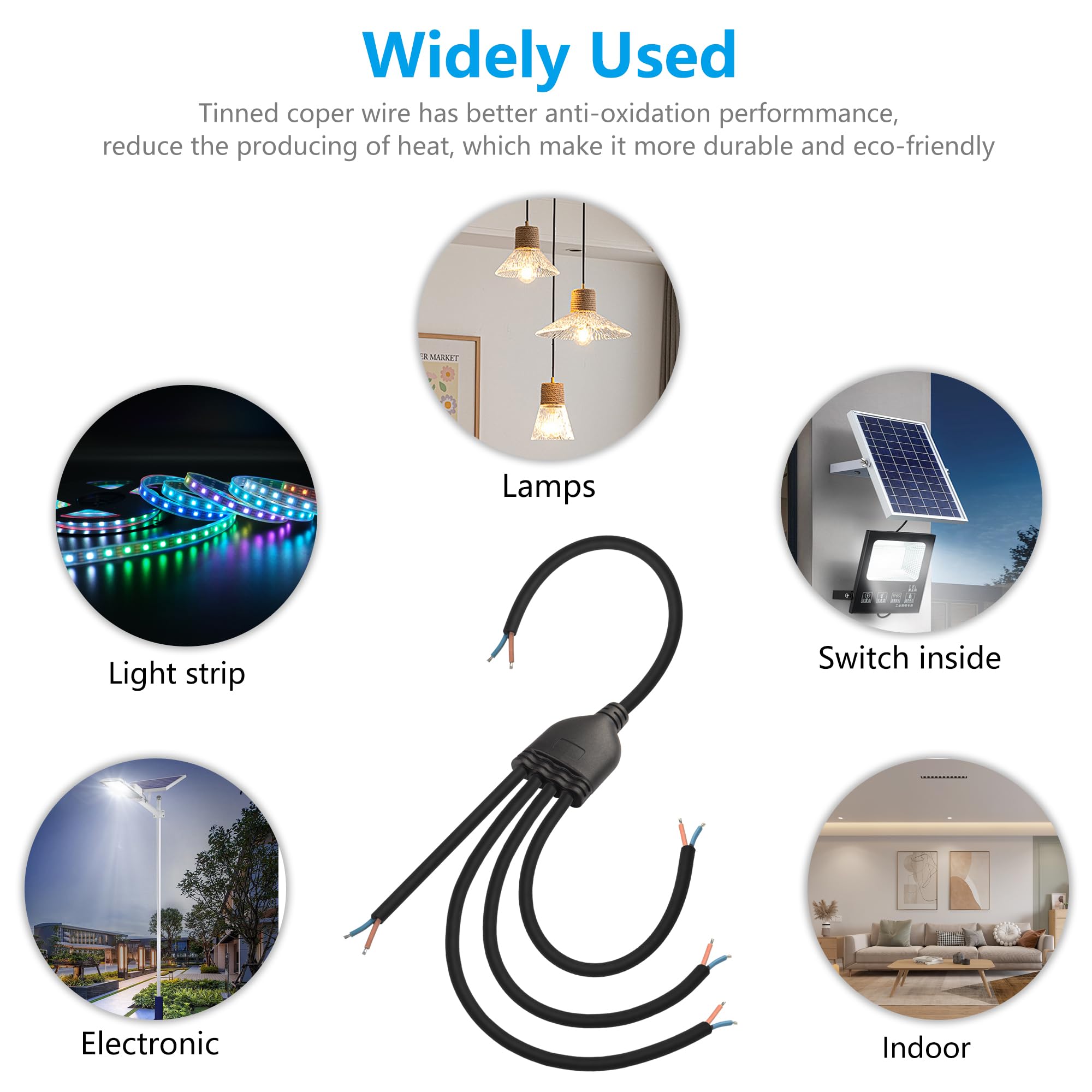 Sinloon 2 Wire 1 To 4 Splitter Pigtail Cable Outdoor Led Connector Splitter 17Awg Pre-Tinned Pigtail Extension Cable For Indoor/