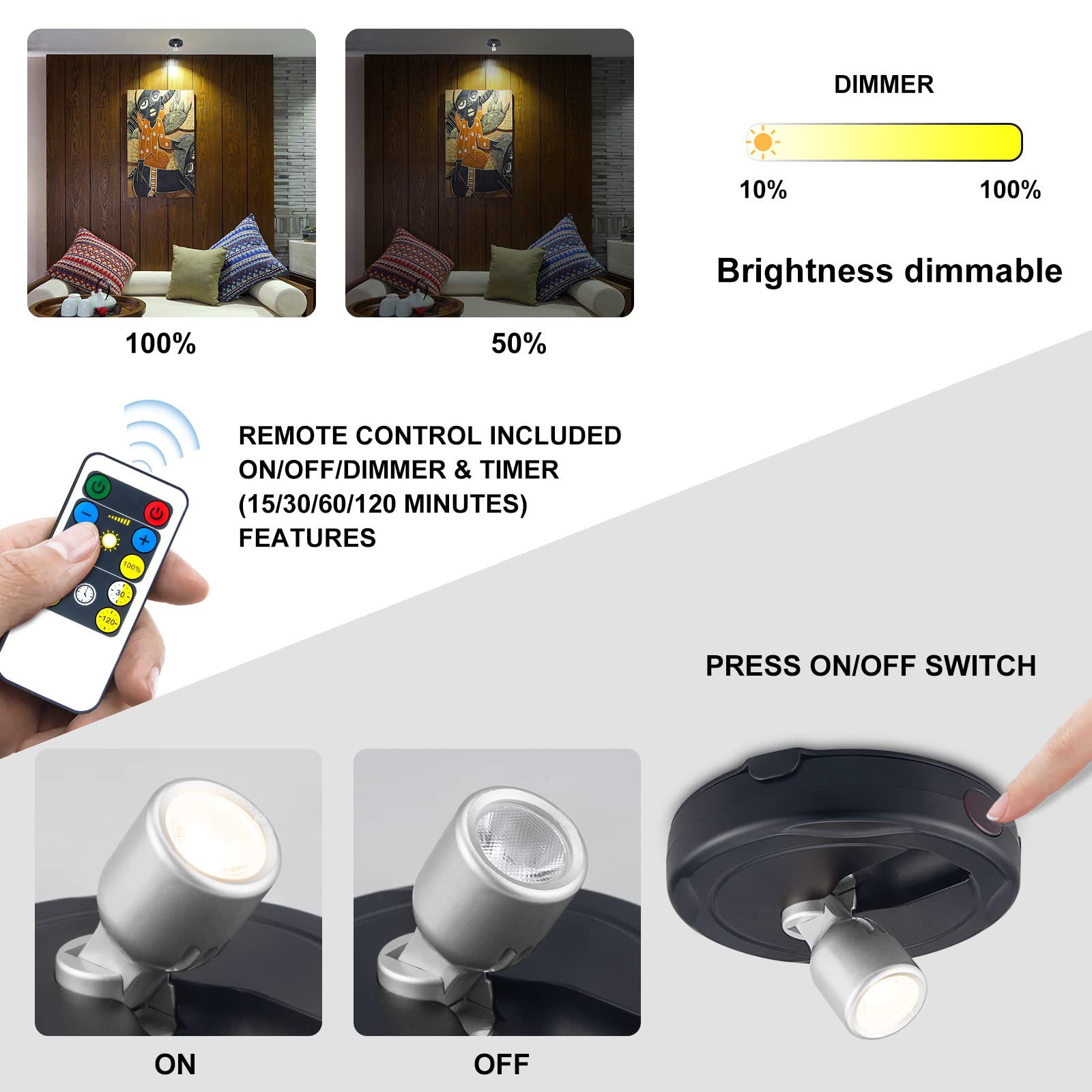 HEAGEERO Wireless Spot Lights, Remote Control Accent Lighting, Battery Powered, Silver, Model 5f6c6751-fded-4d70-b251-a7428aa63728