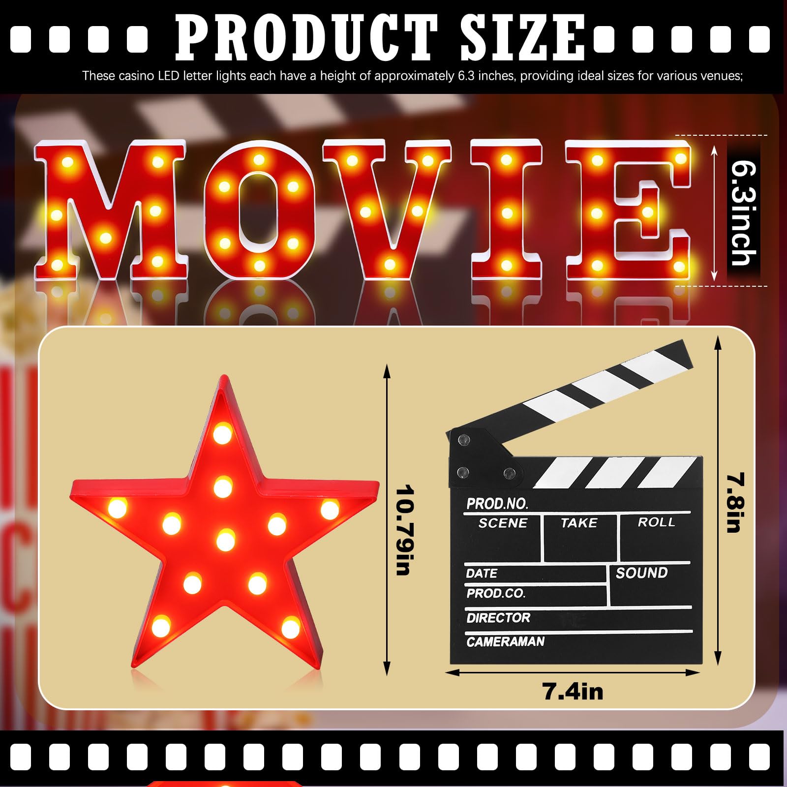 Aurelema LED Light Up Movie Night Letters Sign, 7 Pcs Decorations, 6.3in  Height, Red, Model MJO-Aurelema-1534