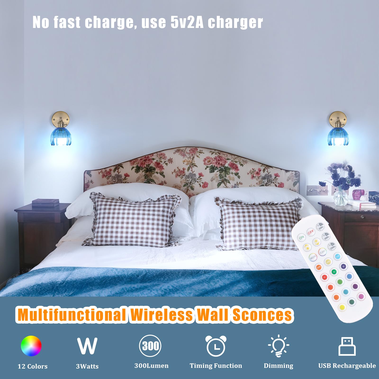 Shenmoyl Vintage Wall Sconce Set of 2, 5000 mAh Battery Operated, Glass Tulip Blue & Clear, Remote Control, Model cda04aa3-e28b