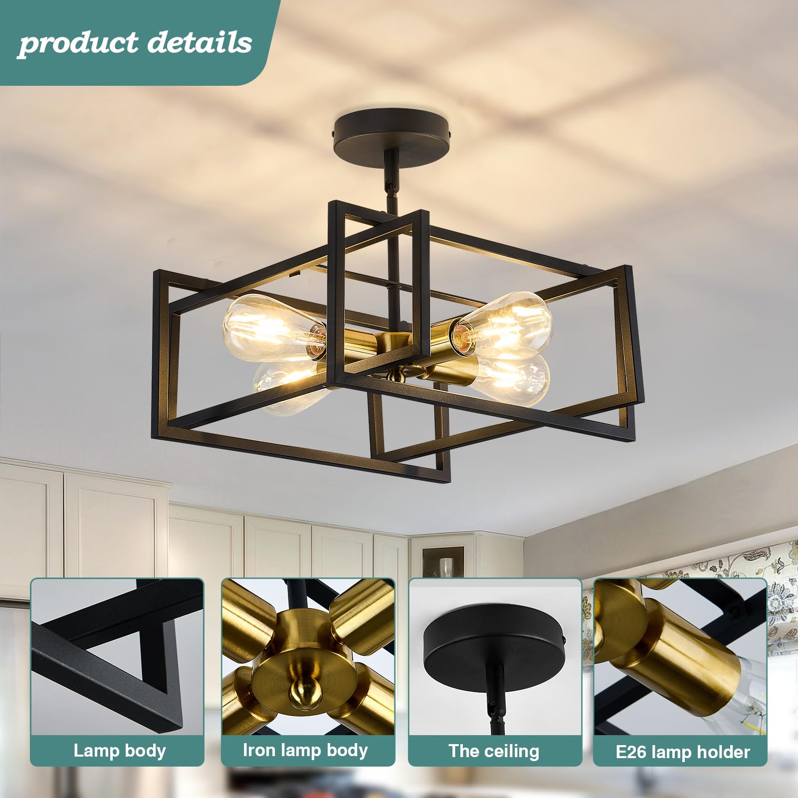 Zglaojt 4-Lights Close To Ceiling Light Black And Gold Light Fixture Industrial Flush Mount Ceiling Light Farmhouse Chandelier L