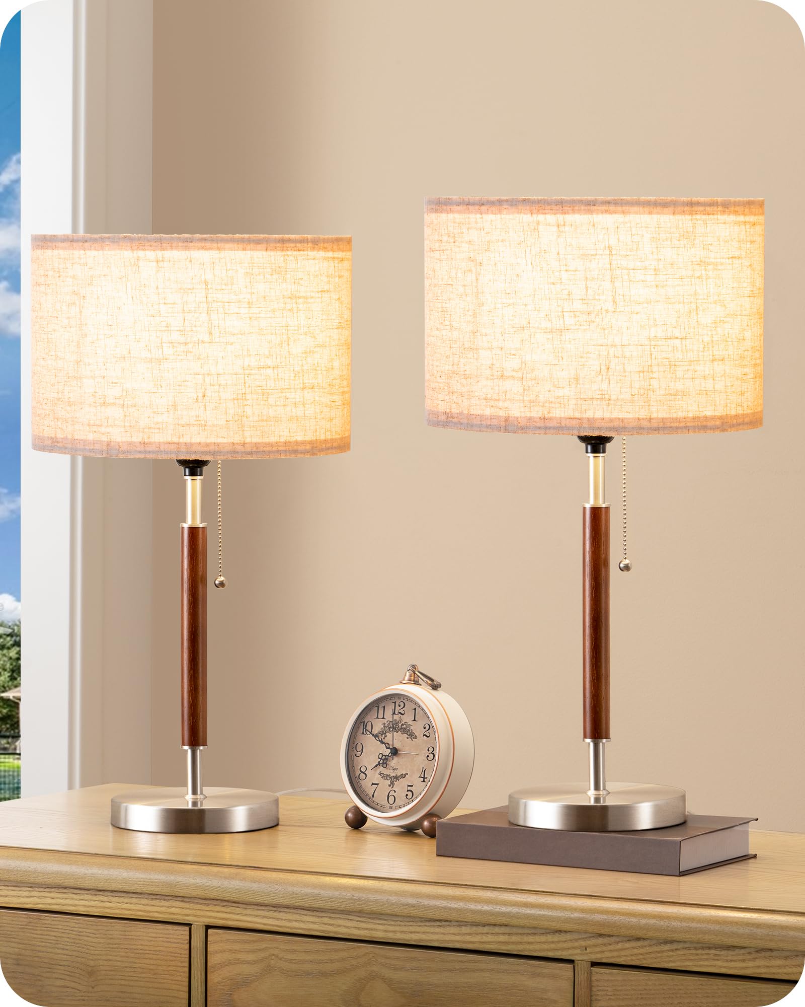 EDISHINE Mid Century Table Lamp Set of 2, Pull Chain Switch Bedside Lamp, Linen Shade, Solid Wood Pole & Brushed Nickel Metal Ba