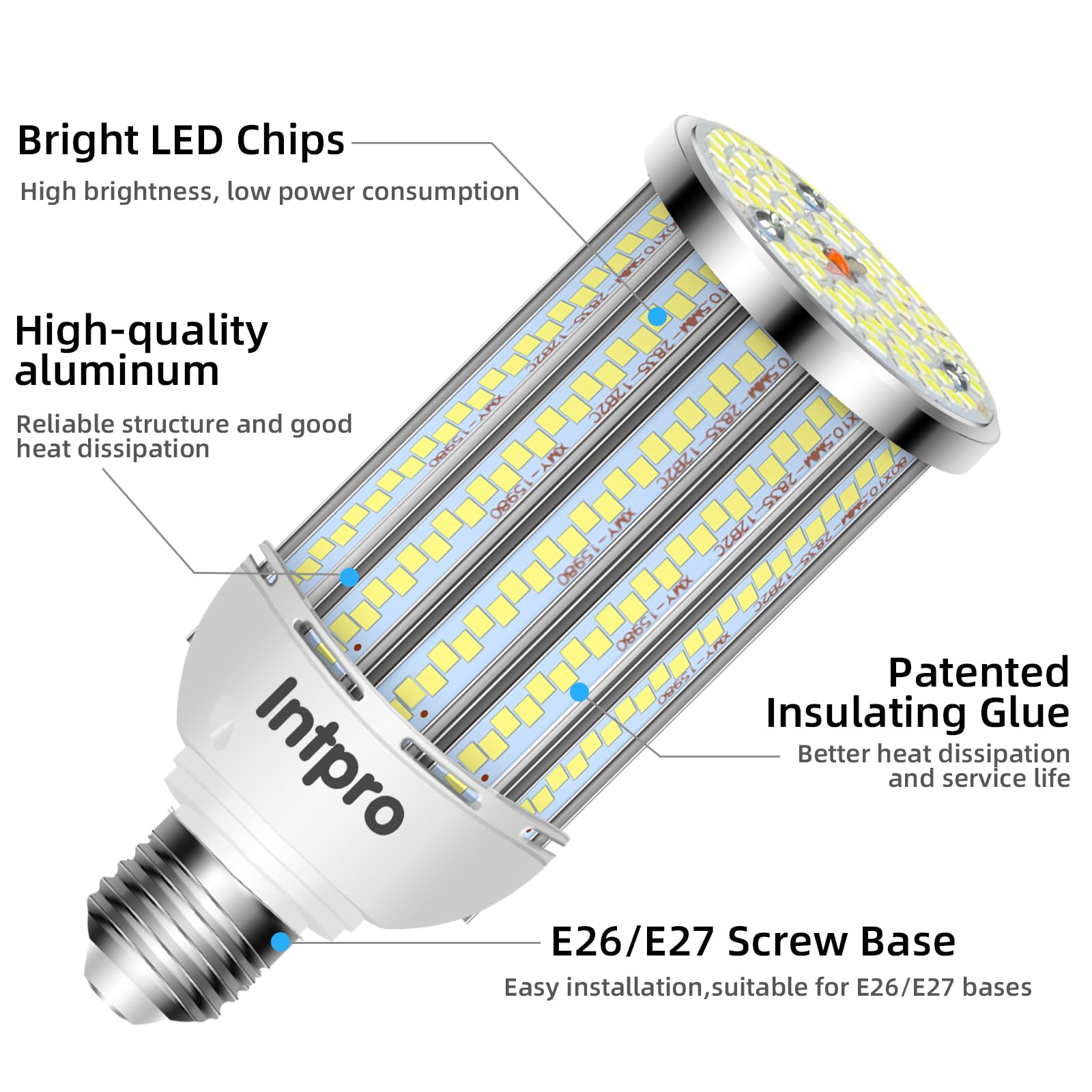 Intpro Led Corn Light Bulb Led Light Bulb 450W Equivalent 5500 Lumen 6500K 40W Large Area Cool Daylight White E26/E27 Base For O