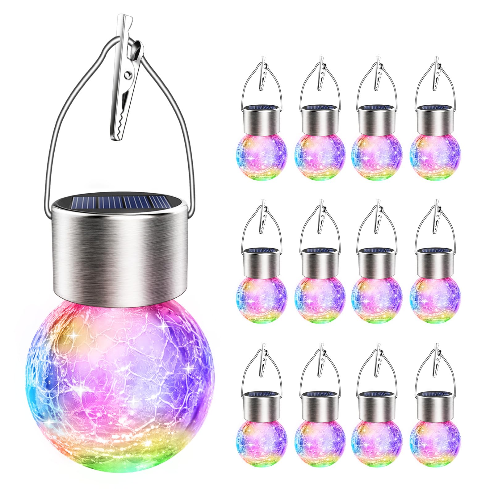 Solar Hanging Lights Outdoor Decor: Christmas Garden Light Waterproof For Yard Ouside Decorations - 12 Pack Clip On Crackle Glass Globe Balls Tree Lighting Patio Fence Pathway Camping Decorative