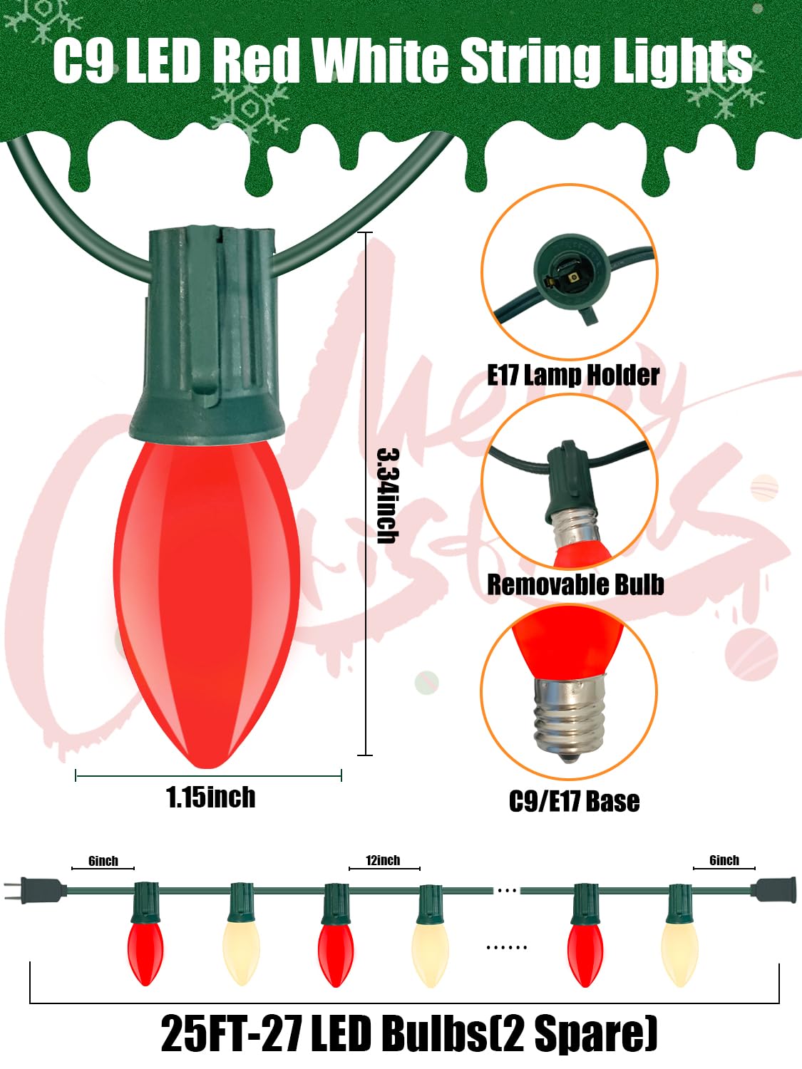 C9 Led Christmas Lights Outdoor, 25Ft Vintage Christmas Lights With 26 Led Red White Plastic Lights(1 Spare), Colored Christmas