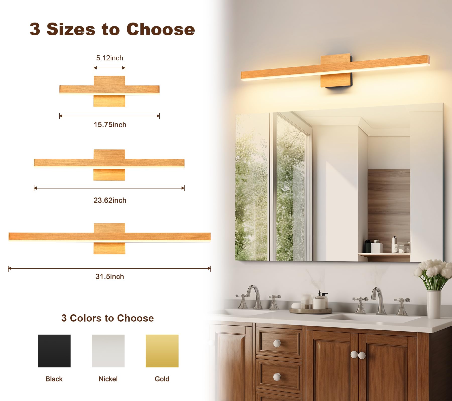 Joossnwell Bathroom Light Fixture, Dimmable 5CCT Vanity Light Bar, 31.5 Inch, Brushed Gold and Black, Model 7560-18W-SN-