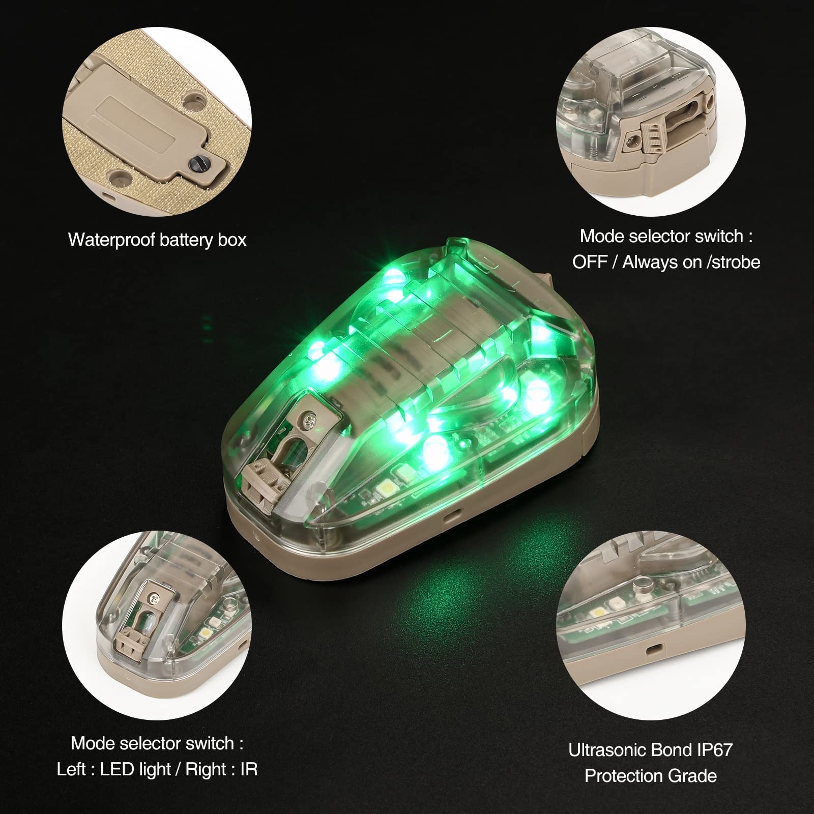 NOBUHIRO Tactical Helmet Signal Light - 4 Modes, Waterproof, LED + IR, DE-Green, Model WD03001-DE-Green