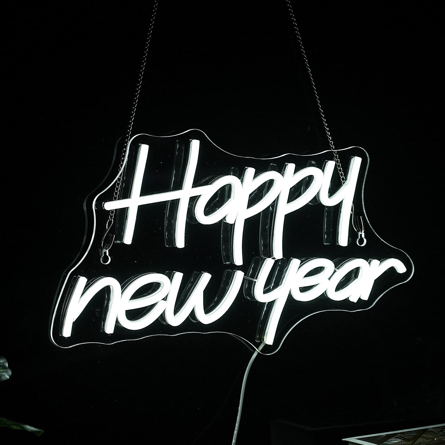 Alkkign Neon Sign Happy New Year LED Light Wall Decor Dimmable White