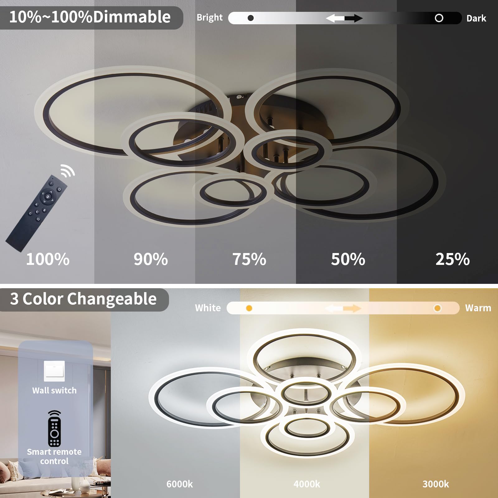 Modern Led Ceiling Light, Semi-Flush Mount With Remote Control, Dimmable Brightness (3000-6000K), 8-Ring Black Design For Living