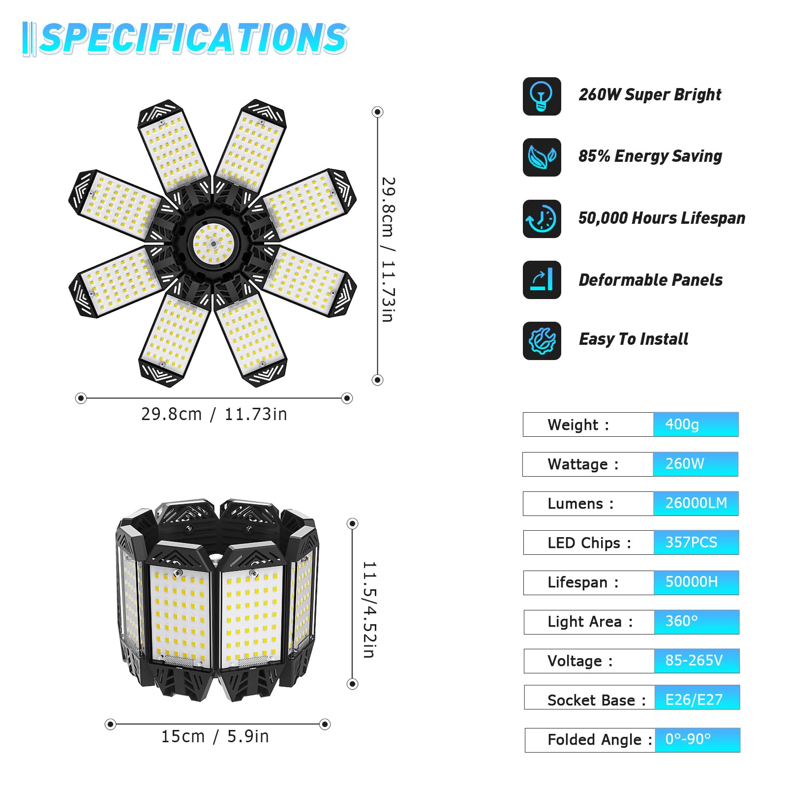Led Garage Lights 2 Pack, 260W Garage Light 26000Lm With 8+1 Deformable Panels, Bright Garage Lights Ceiling Led 6500K Daylight,
