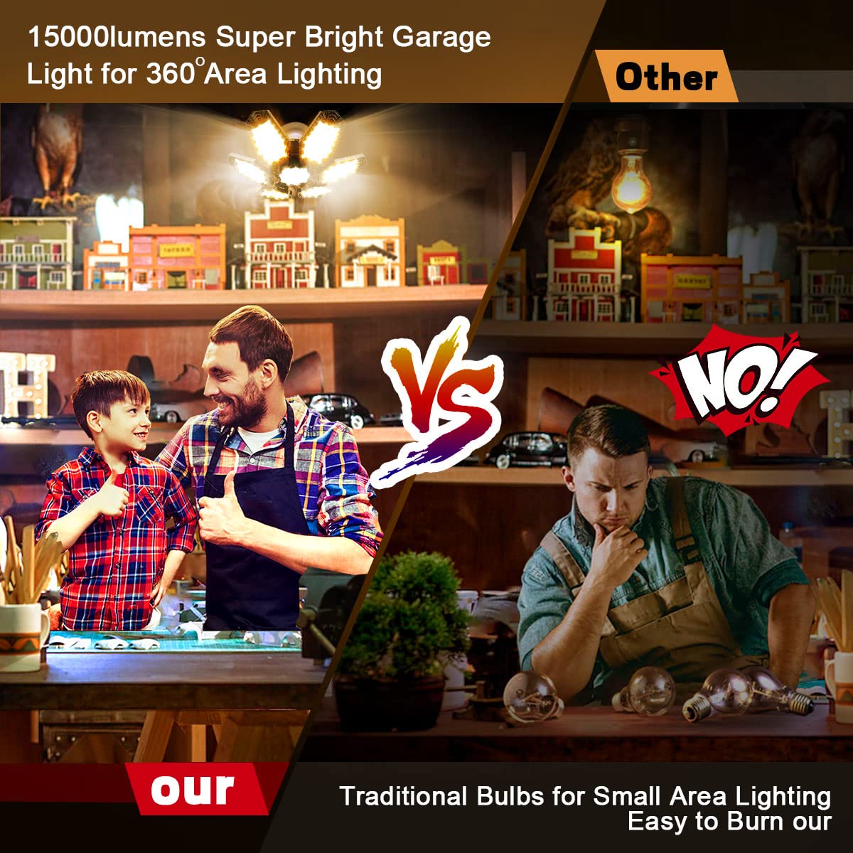 LED Garage Light 2 Pack 150W Equivalent Warm Garage Lights 15000LM Garage Ceiling Lights with 6+1 Super Bright Deformable 120 LE