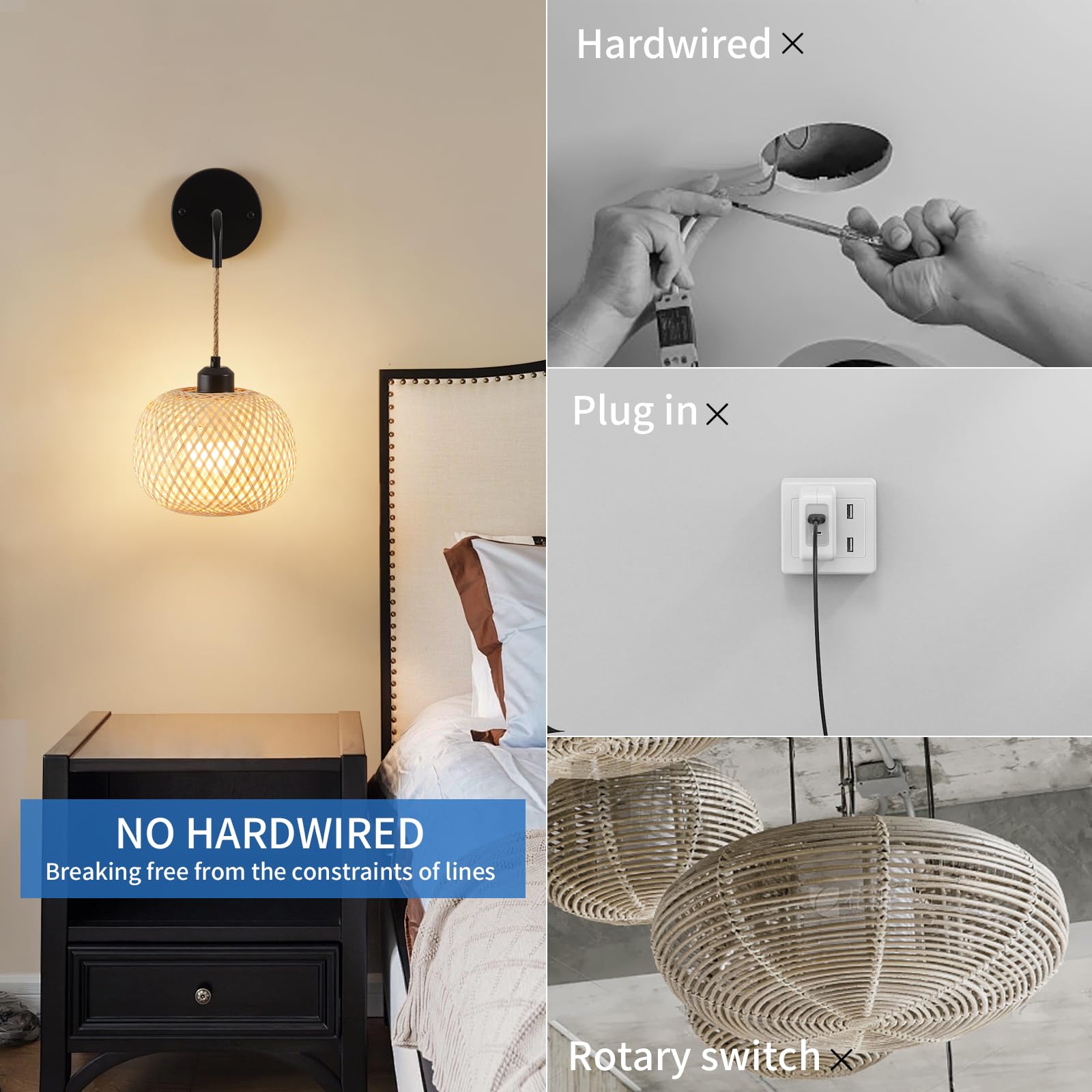 Vitnucrol Battery Operated Wall Sconce Set Of Two, Bamboo Rechargeable Wireless Sconces With Remote, Dimmable Non-Hardwired Farmhouse Boho Wall Lights For Bedroom Living Room (Black)
