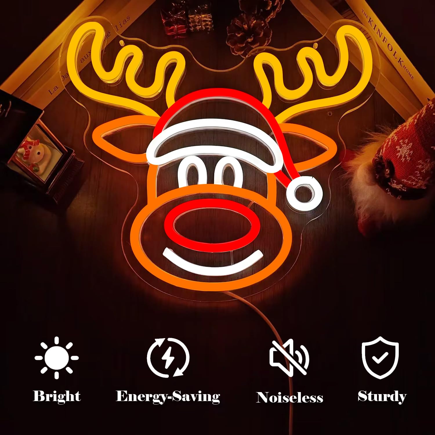 Vveikea Neon Sign Elk LED Wall Decor, Dimmable Reindeer Lights, 12.2 x 10.9 inches, Colorful Acrylic