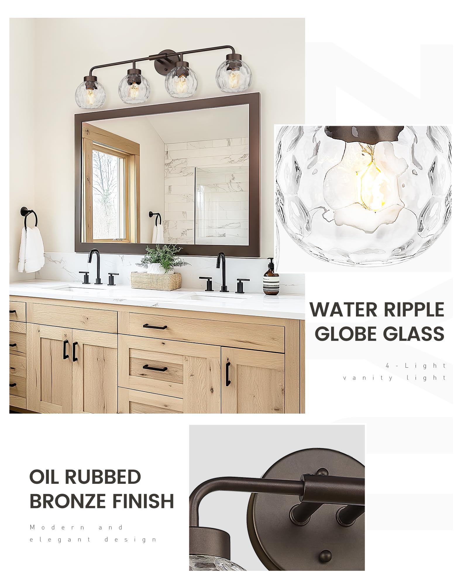 Zeyu 4-Light Bathroom Vanity Light  32 Inch Vintage Vanity Lighting Fixtures  Bathroom Lighting Fixtures With Water Ripple Globe Glass  Zs62Bg-4W Orb-Wg