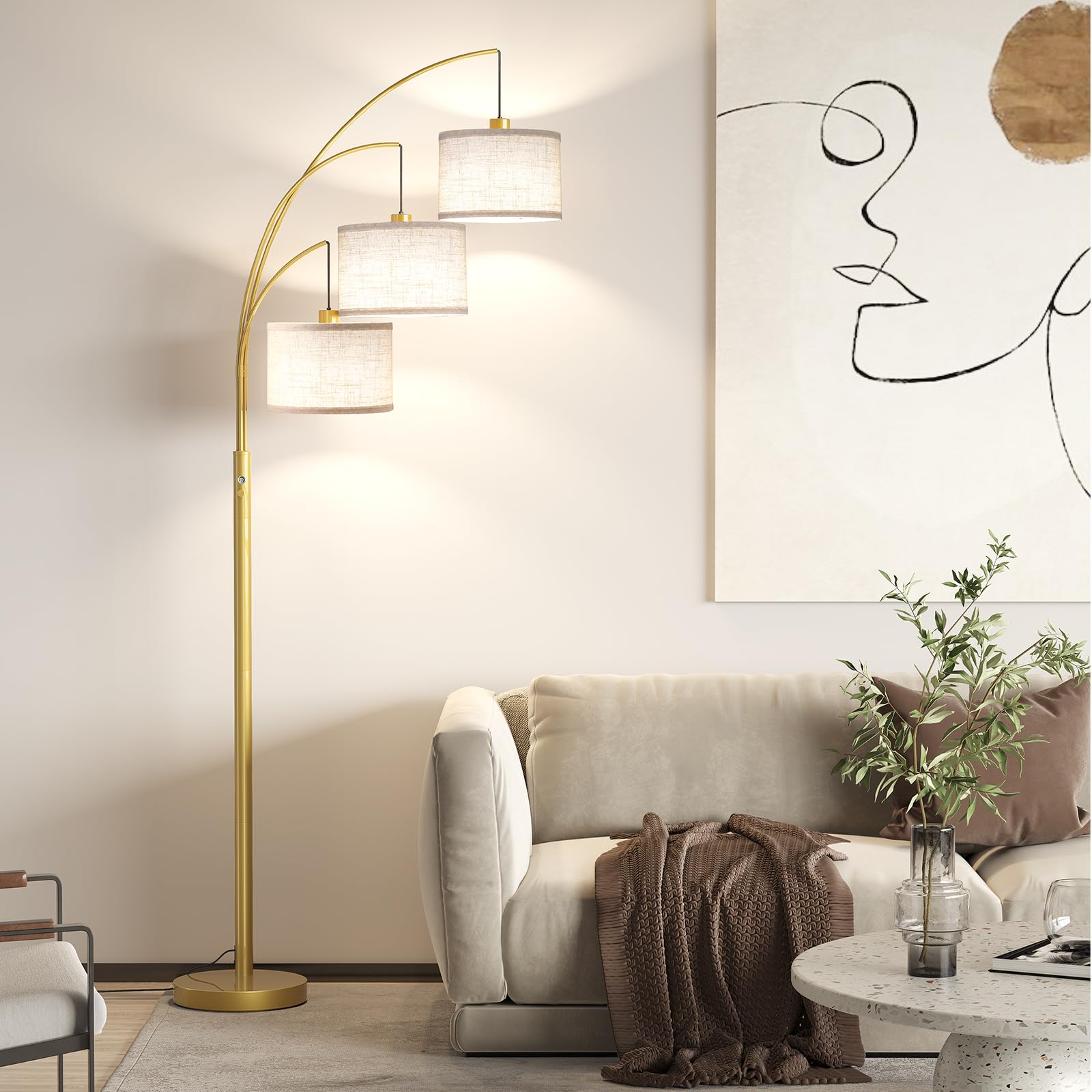 Sunmory 3 Lights Floor Lamp For Living Room, 78'' Tall Standing Lamp With Hanging Drum Shade, Modern Arc Floor Lamps With Heavy