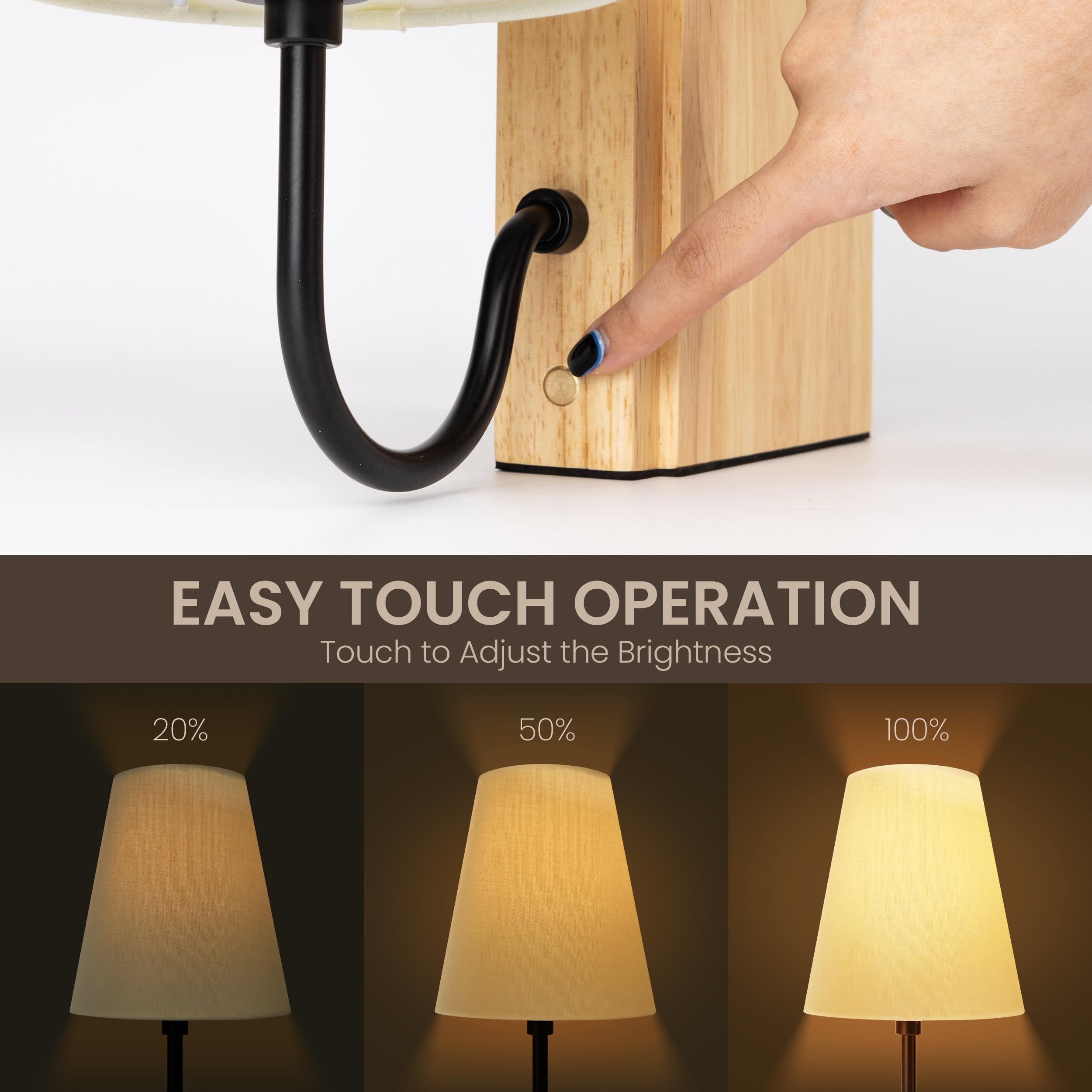AELS Wooden Bookshelf Lamp, Cordless Touch Dimmable, Rechargeable Model, Natural Finish, Modern Decorative Table Lamp for Home & Office