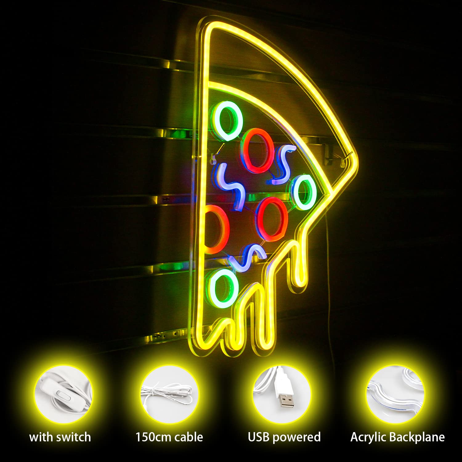ineonlife Pizza Shaped Neon Sign USB Powered LED Wall Decor 16x14 inches Acrylic Pizza-Yellow Model NS87