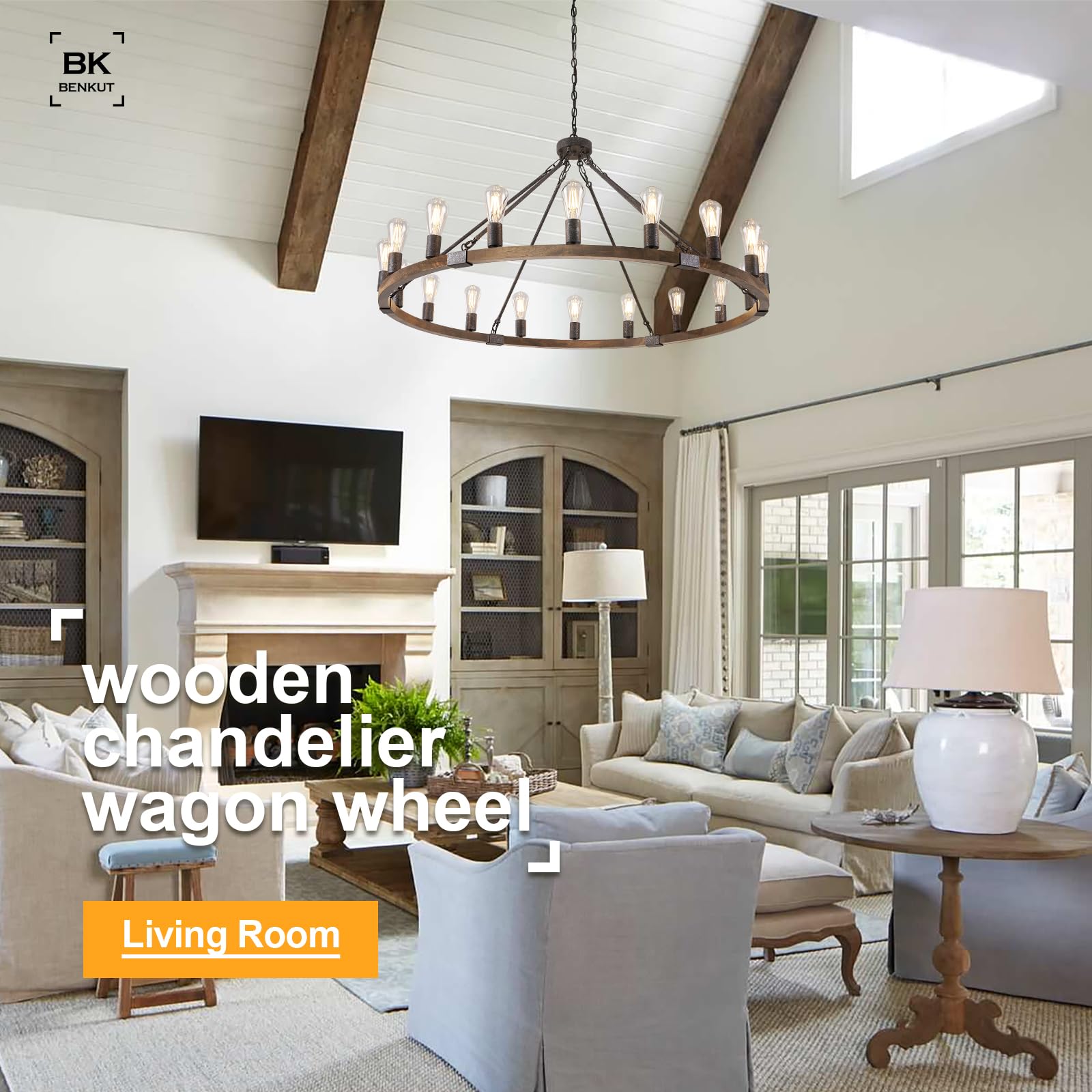 Benkut 47" Farmhouse Wagon Wheel Chandelier, 18-Light Black Rustic Fixture for Foyer, Living Room, Entryway, Dining Room, Model P62-18Z1