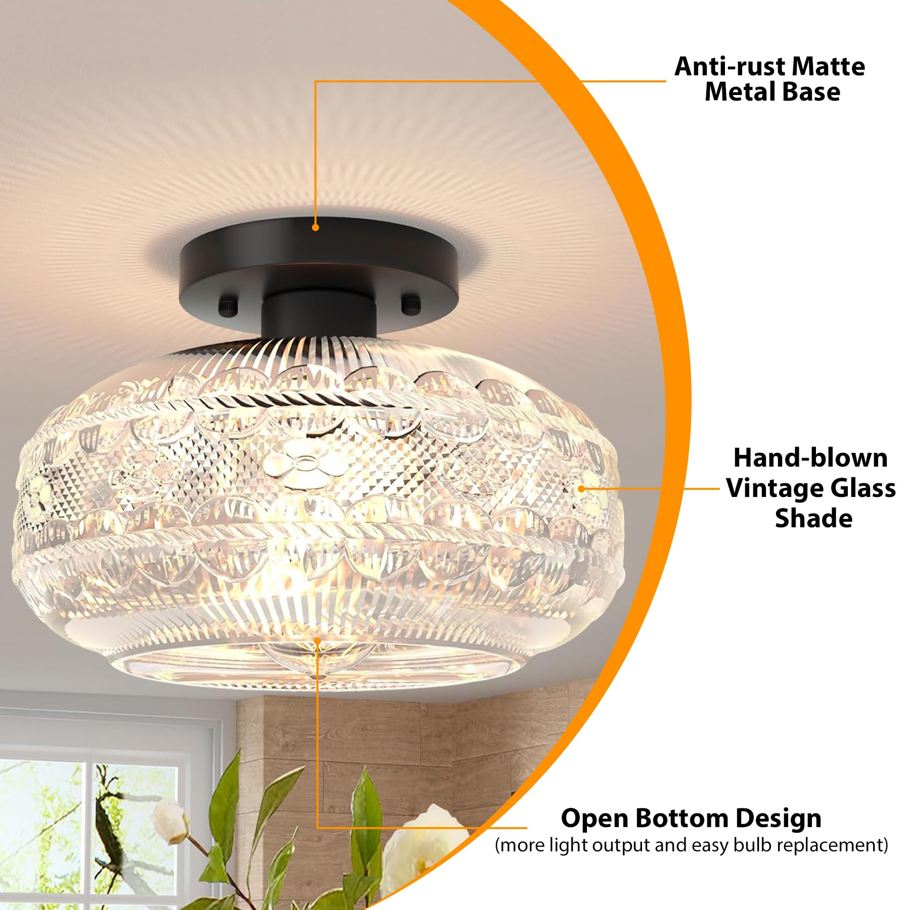 Apoto 11'' Large Semi Flush Mount Ceiling Light,Black Globe Glass Ceiling Light Fixture,Vintage Hallway Light Fixture Ceiling,Cl