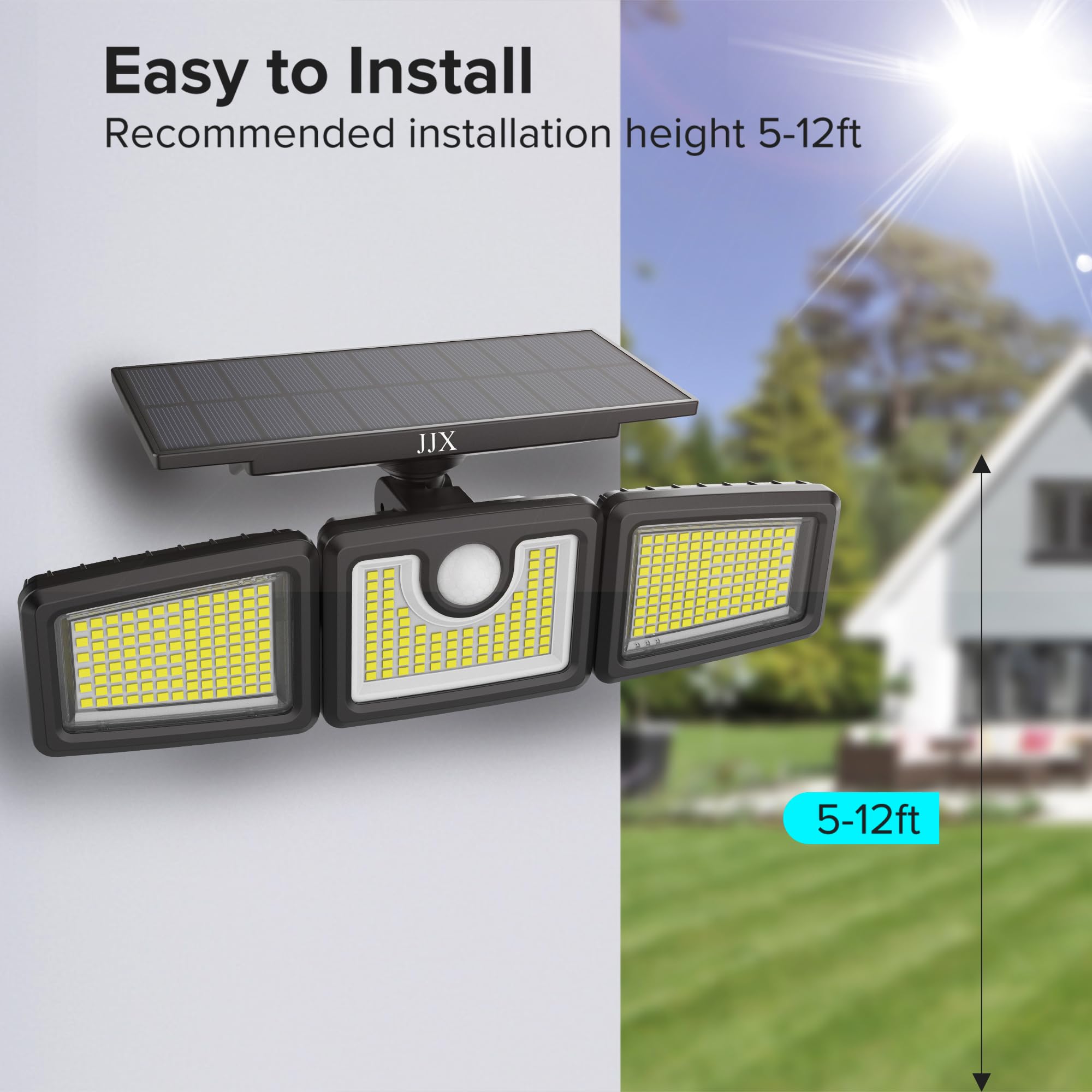Jjx Solar Lights Outdoor 3000Lm 312 Led Motion Sensor Outdoor Lights, Ip65 Waterproof Led Solar Security Lights, 3 Adjustable Heads Solar Motion Flood Lights Outdoor