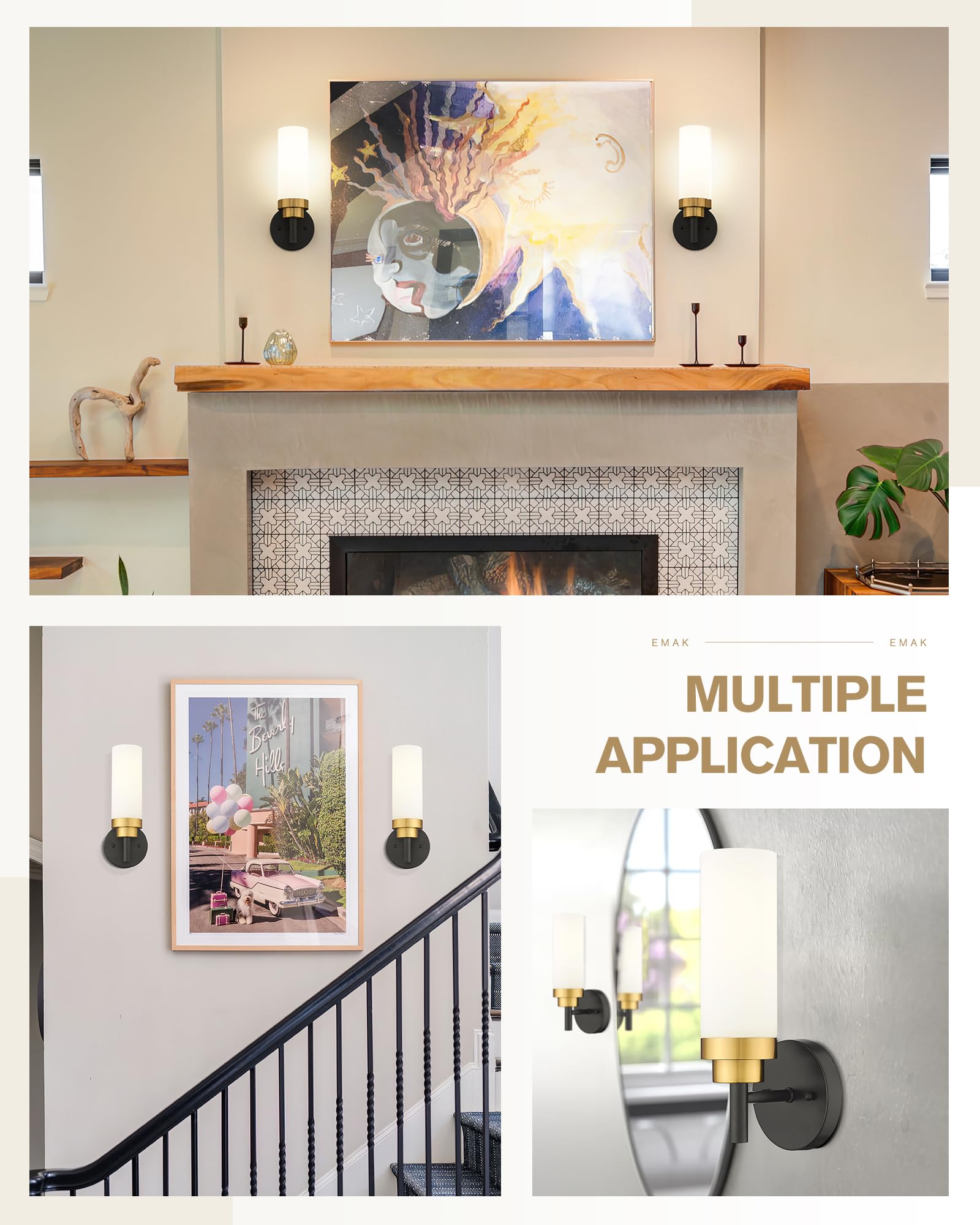 Emak Modern Wall Sconce, Black And Gold Bathroom Light Fixtures With Milk Glass Shade, Sconces Wall Lighting For Bathroom, Bedro