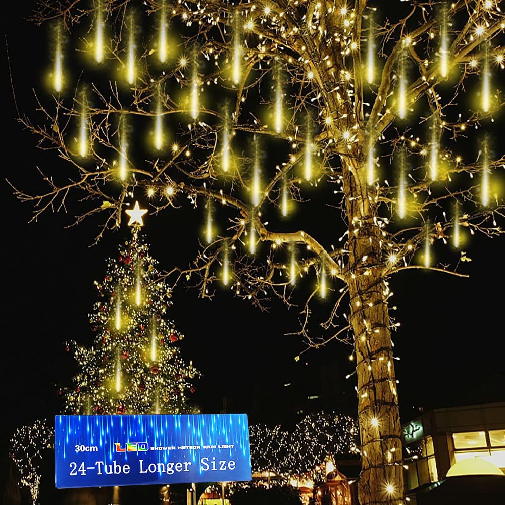 Kwaiffeo Warm White Christmas Lights Outdoor, 24 Tubes(Equivalent to 3 Sets of 8-Tube) LED Meteor Shower Lights for Xmas Wedding Party Decorations, Warm White Fairy Icicle Lights for Yard Outside