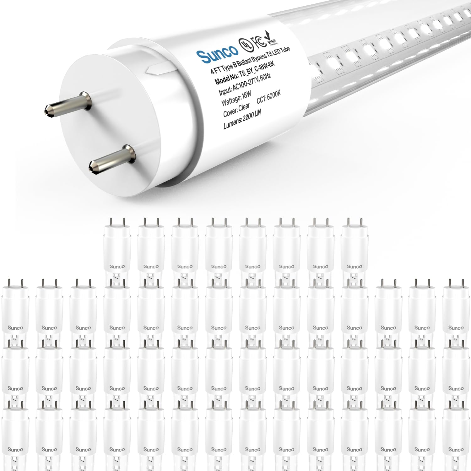 Sunco Lighting T8 LED Tube Light Bulbs, 50 Pack, 18W, 6000K Daylight, Clear Cover, Ballast Bypass, Commercial Grade