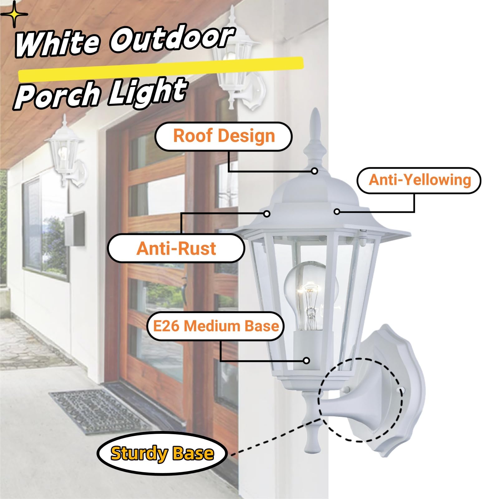 WISBEAM White Outdoor Wall Lantern, Metal Housing, Wet Location Rated, E26 Base 60W Max, Model WS-WL003, 1 Pack