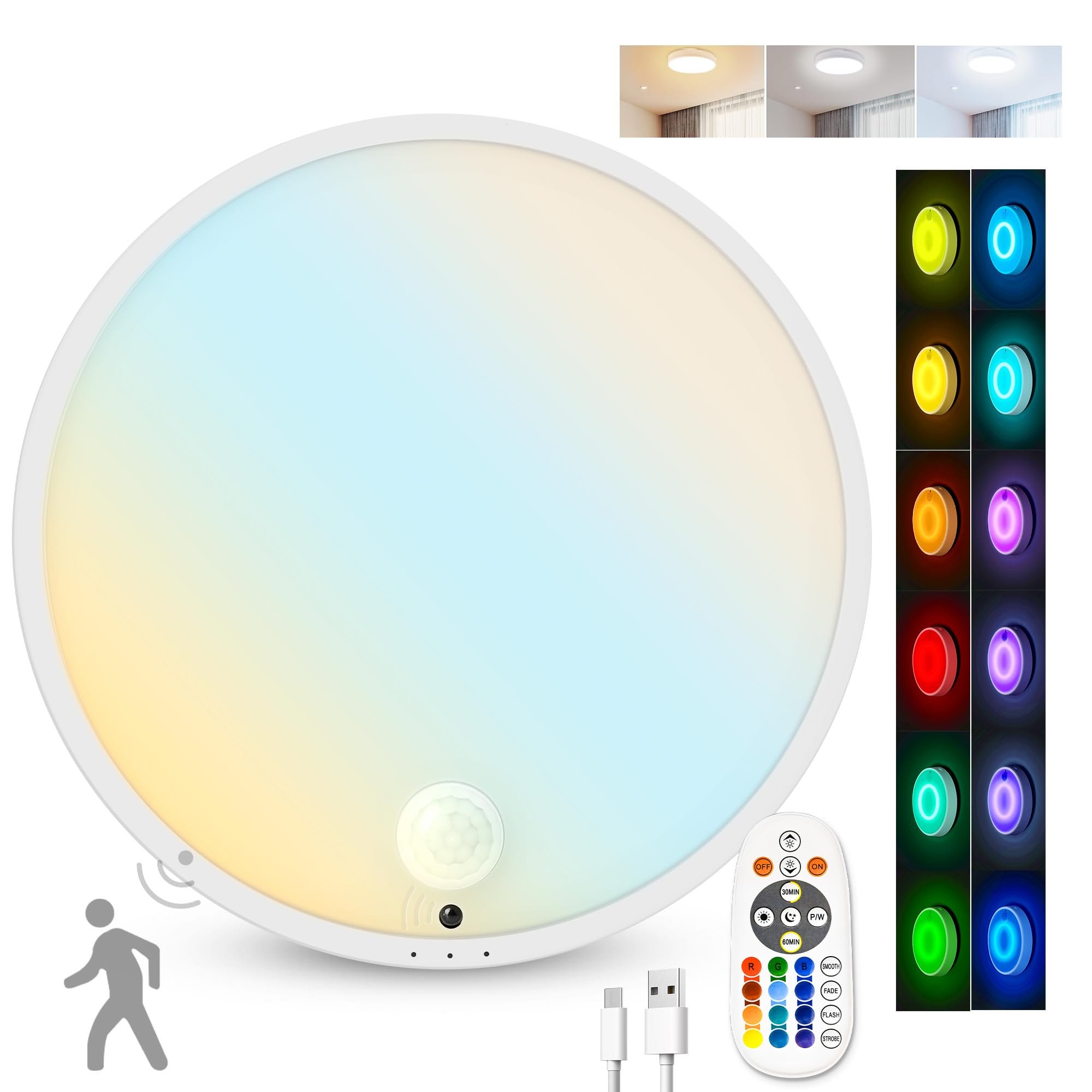 CLAKAP Motion Sensor Ceiling Light, Rechargeable Battery Powered Ceiling Light with 15 Color Temperatures, Motion Activated Clos