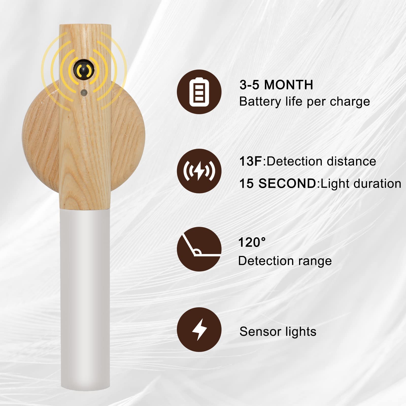 Fr.Tooc Motion Sensor Night Light - Usb Rechargeable Wall Sconces, Wood, 2Pcs, Light Brown