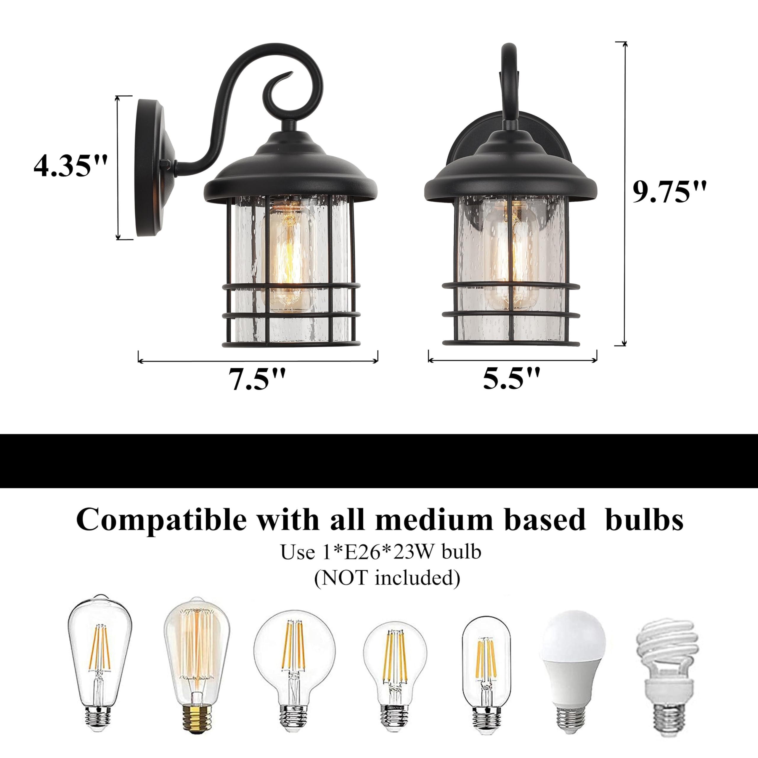 Micsiu Textured Black Exterior Wall Sconce Lantern, 9.8 Inch Outdoor Wall Lighting With E26 Based Socket,Clear Seedy Round Outsi