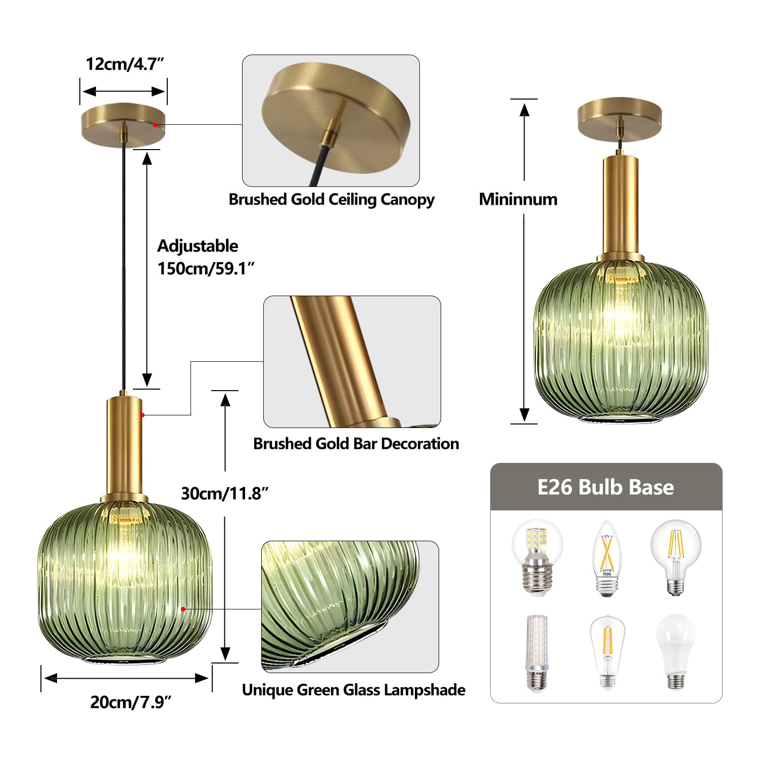 KCO Vintage Green Glass Pendant Light - Ribbed Globe Fixture, 20cm, Brass Gold, Model L1162-G