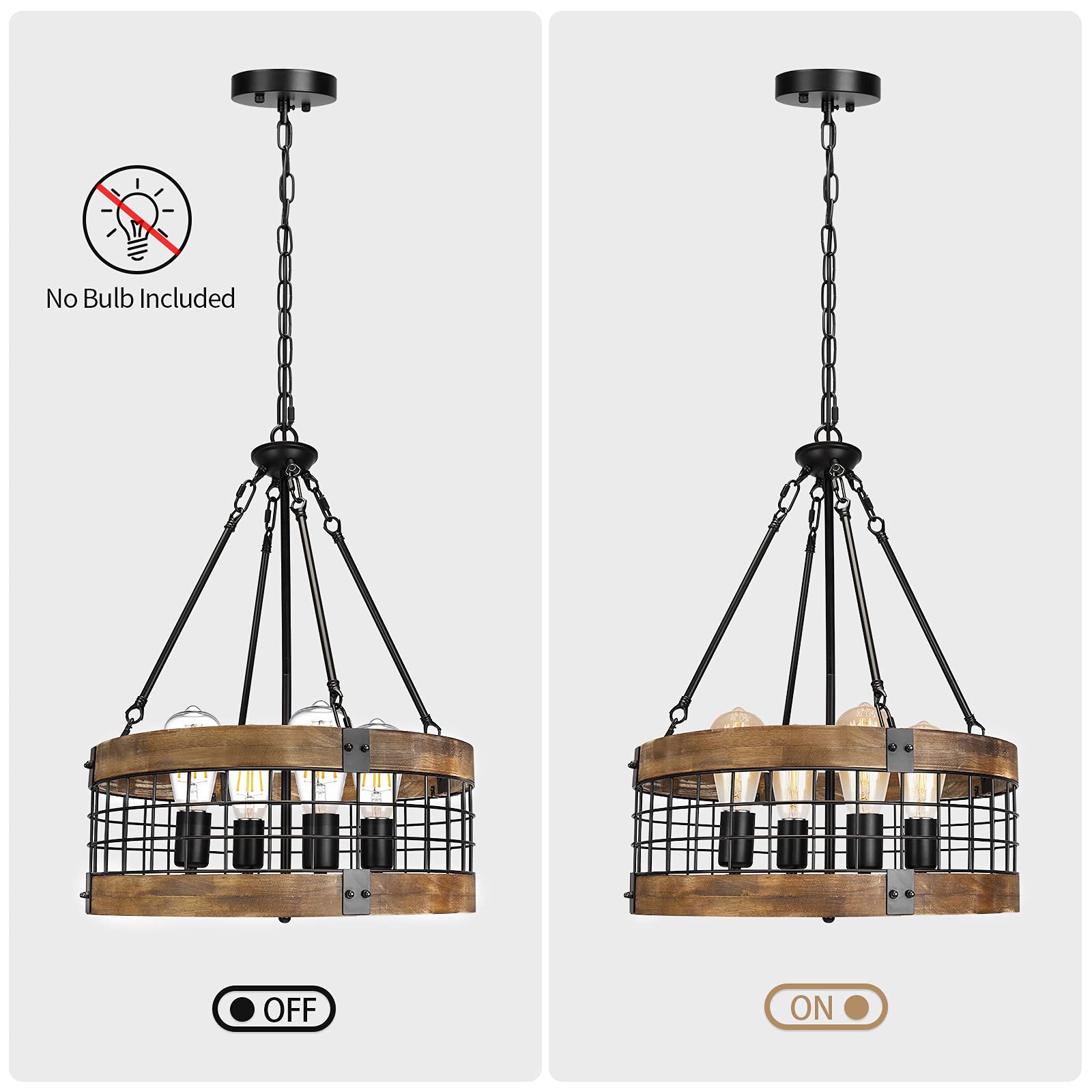 WOAEKR 4-Light Rustic Chandelier - Round Farmhouse Pendant Lighting, 17.8" Black Metal & Nature Wood Finish