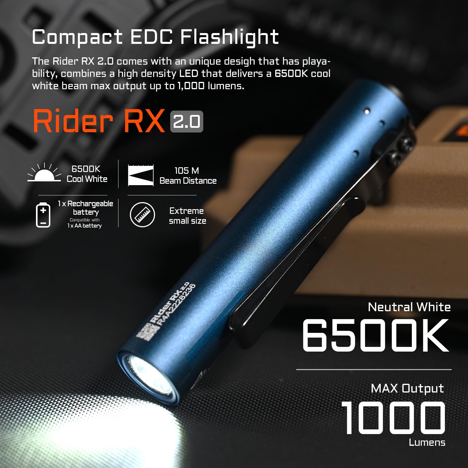 Acebeam Rider Rx 1000 High Lumens Edc Aa Flashlight Rechargeable, Pocket Led Flashlight With Clip, Super Bright Mini Flash Light