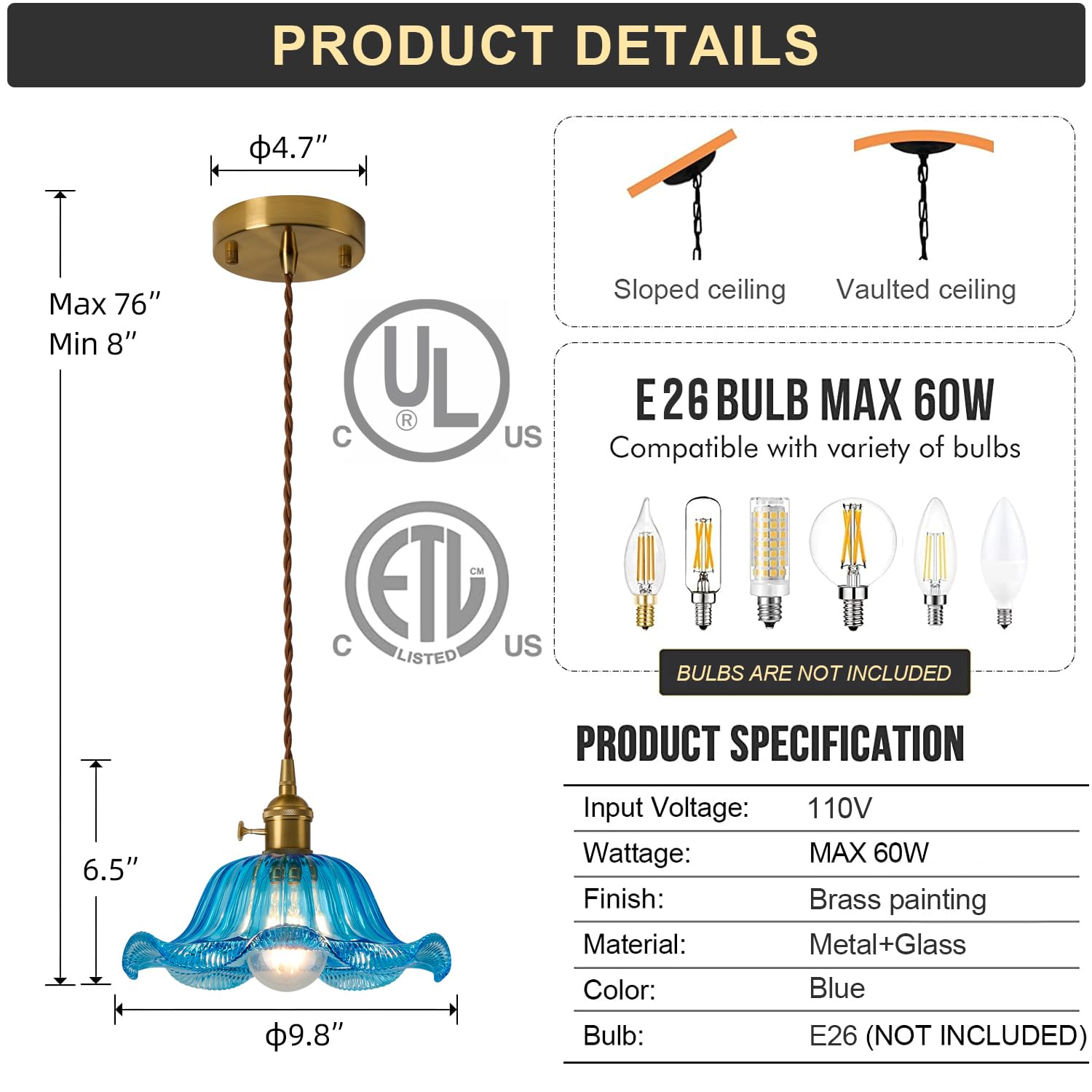 Curreyfols Vintage Small Chandelier Glass Pendant Light Fixture,Mini Blue Hanging Light,Farmhouse Modern Pendant Light Over Sink