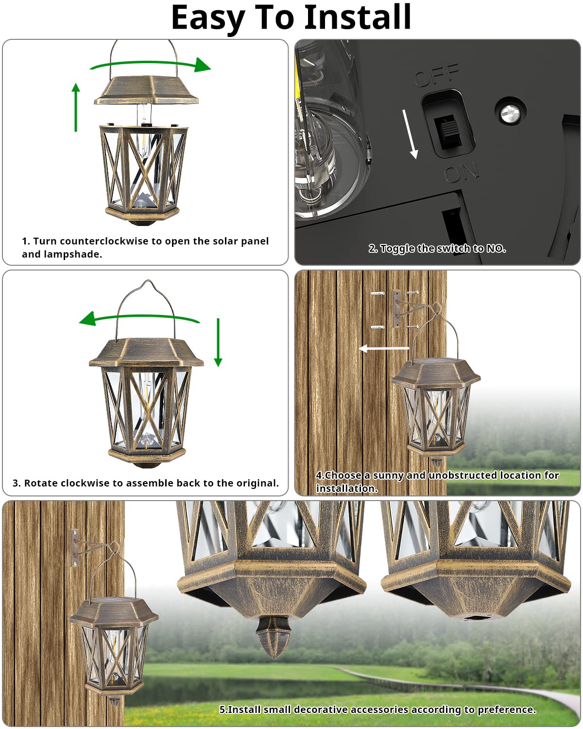 TEKLAPS Solar Lantern Outdoor Lights, Waterproof Metal, 10.8x6.2x6.2 in, Bronze, Model ZZ-24B, 2 Pack