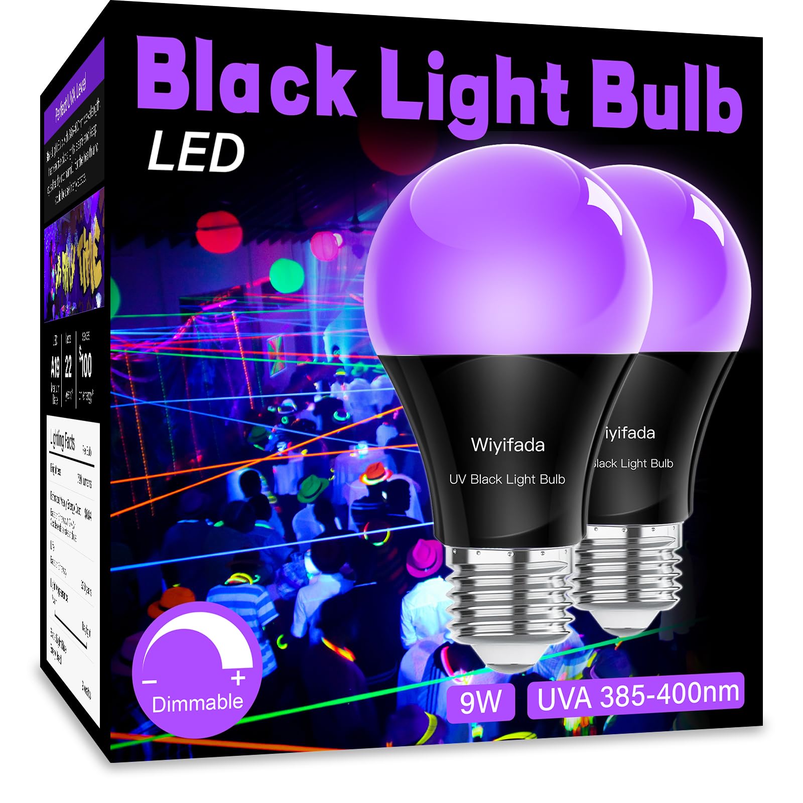 Wiyifada 10W Dimmable Led Black Light Bulbs 2 Pack, E26 Base, Glow In Dark For Parties