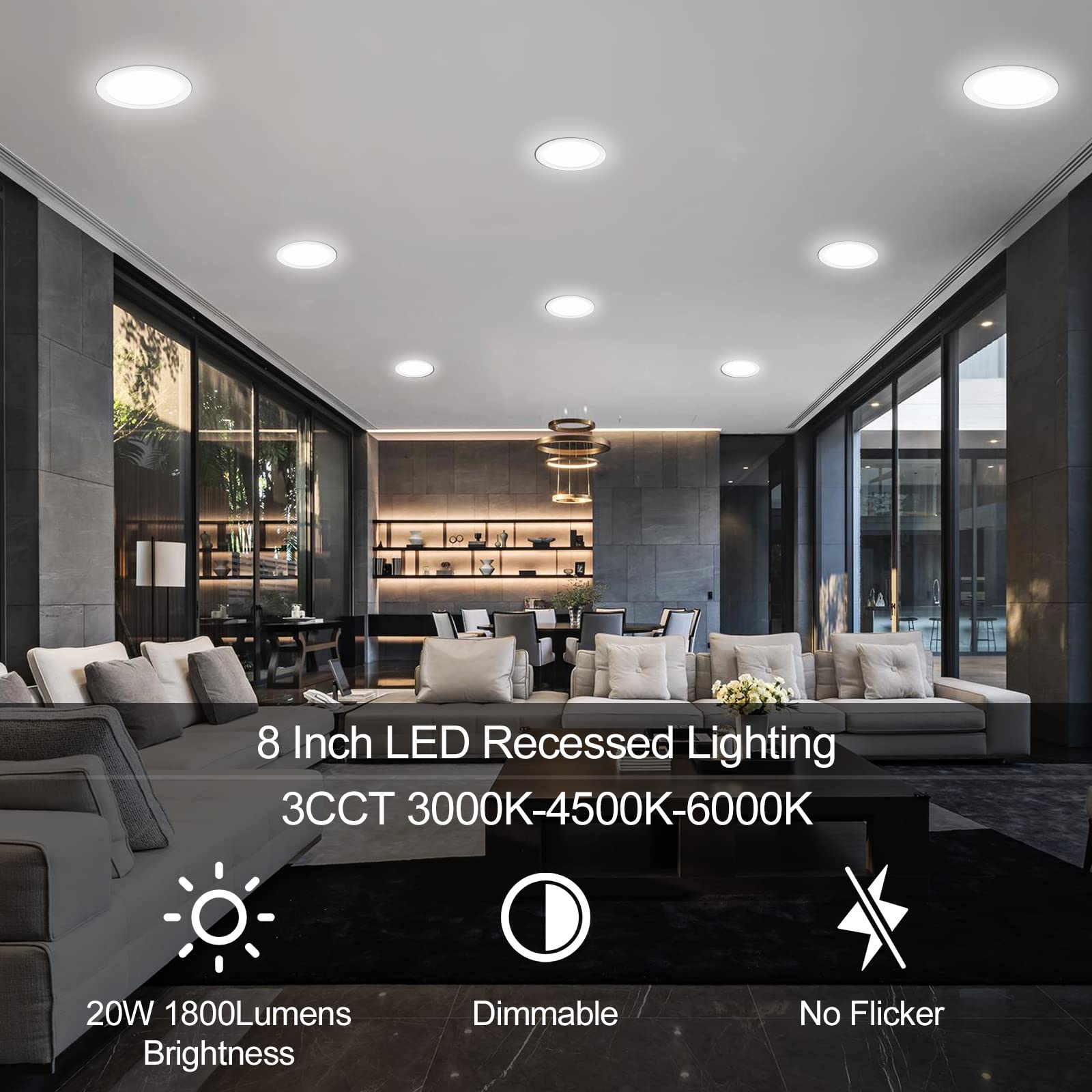 LZHOME 8 Inch Recessed LED Light - 18 Packs, Ultra Thin, Dimmable, 3000K/4500K/6000K, Aluminum, High Brightness