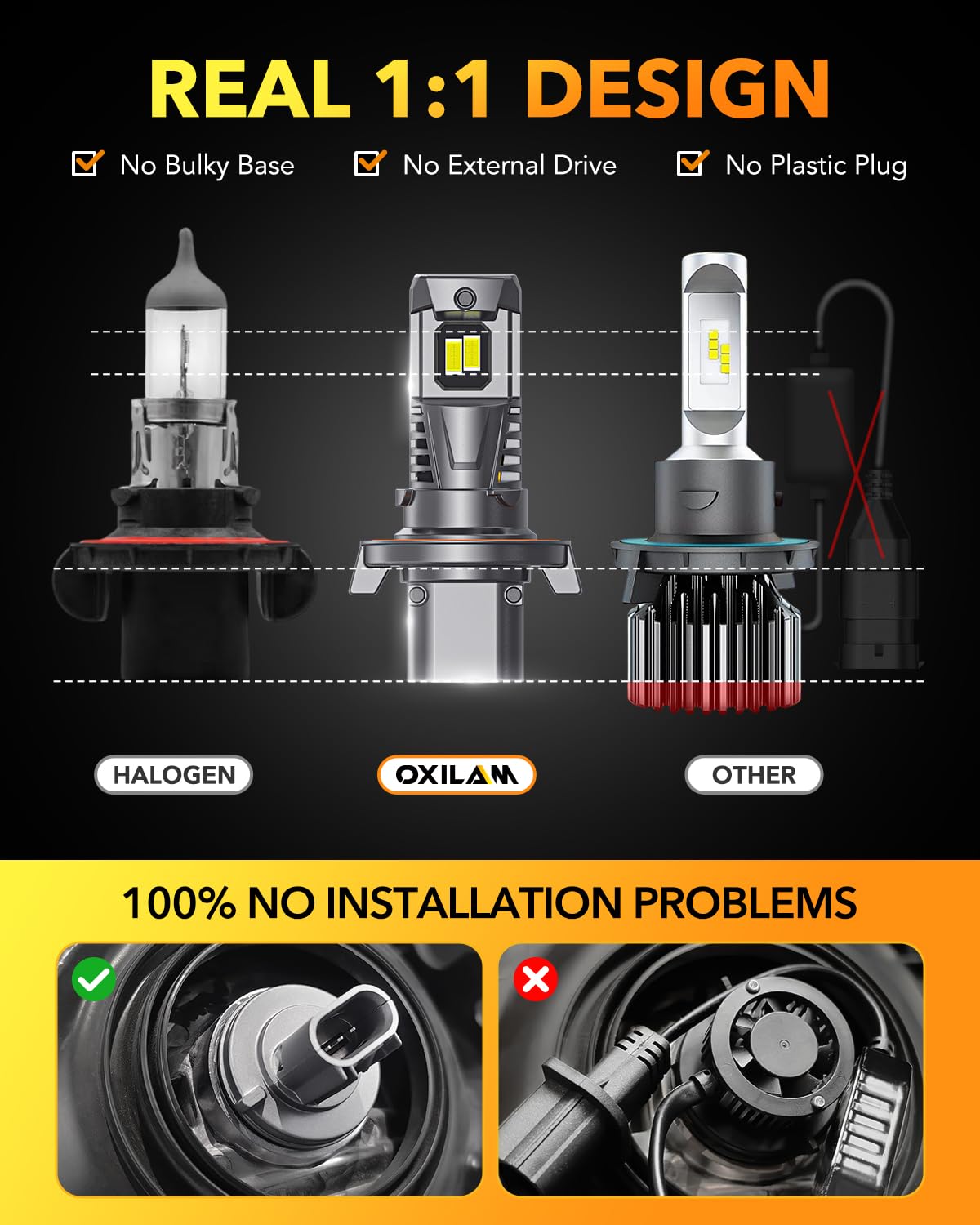 OXILAM H13 9008 Light Bulbs, 800% Brightness, 6500K Cool White, Mini Size, Wireless Plug-N-Play, Dual Beam, 2 Pack