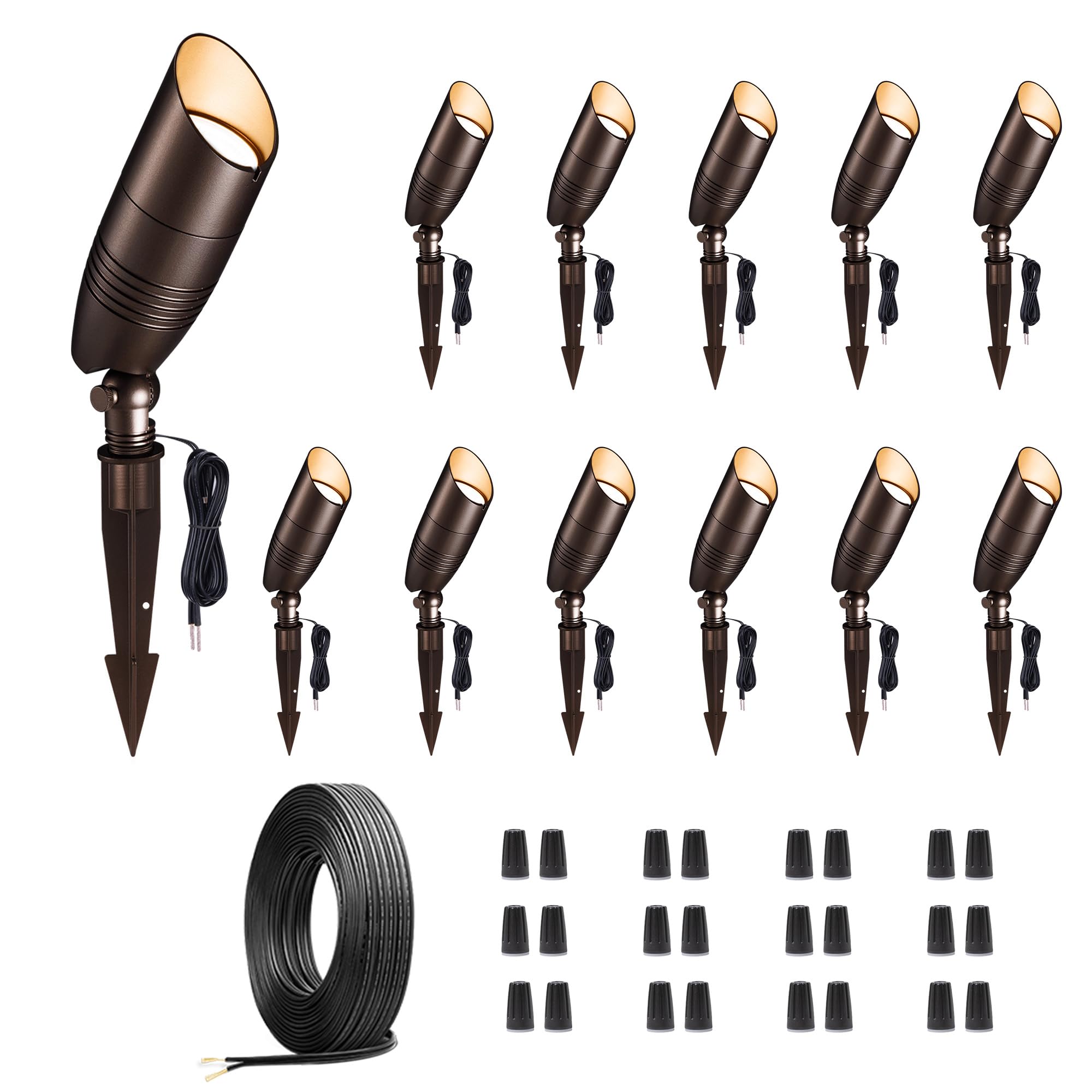 Varmtalys 12v Landscape Lighting Kit, 12 Pack 3CCT Spotlights and 250FT Cable and 40 Wire Connectors, Aluminum ORB Ip65 Waterpro