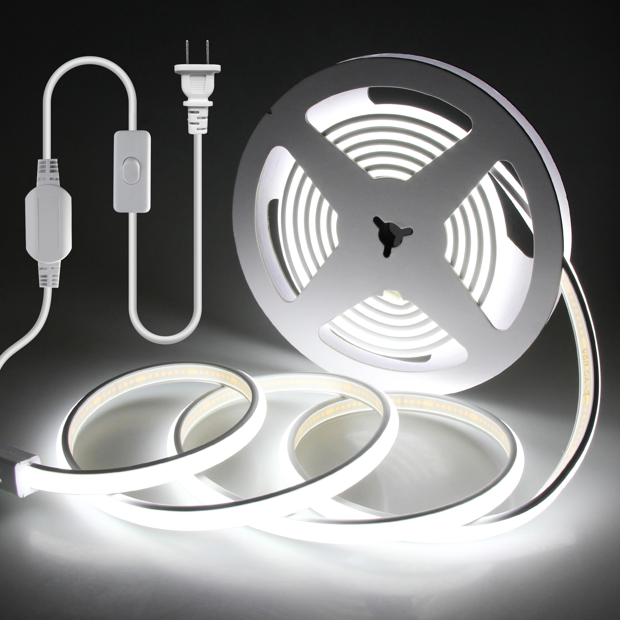 Samsion 120V COB LED Rope Lights 10FT Outdoor LED Band Lights Waterproof Daylight White 6000K Super Bright Flexible LED Tape Lights with Switch Plug in 288Leds/M for Indoor Exquisite Wall Decor 3M