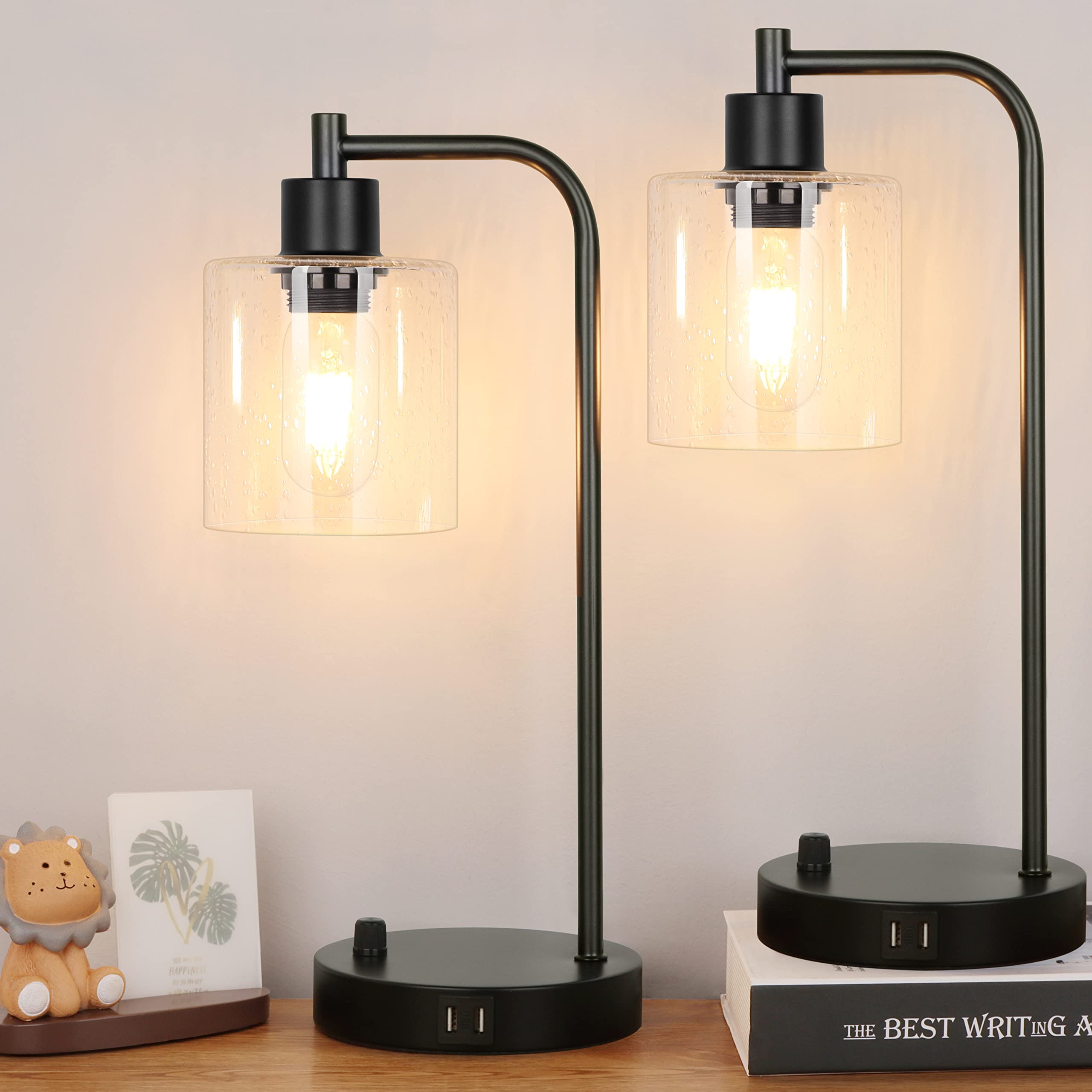 Set Of 2 Industrial Table Lamps With 2 Usb Port, Fully Stepless Dimmable Lamps For Bedrooms, Bedside Nightstand Desk Lamps With
