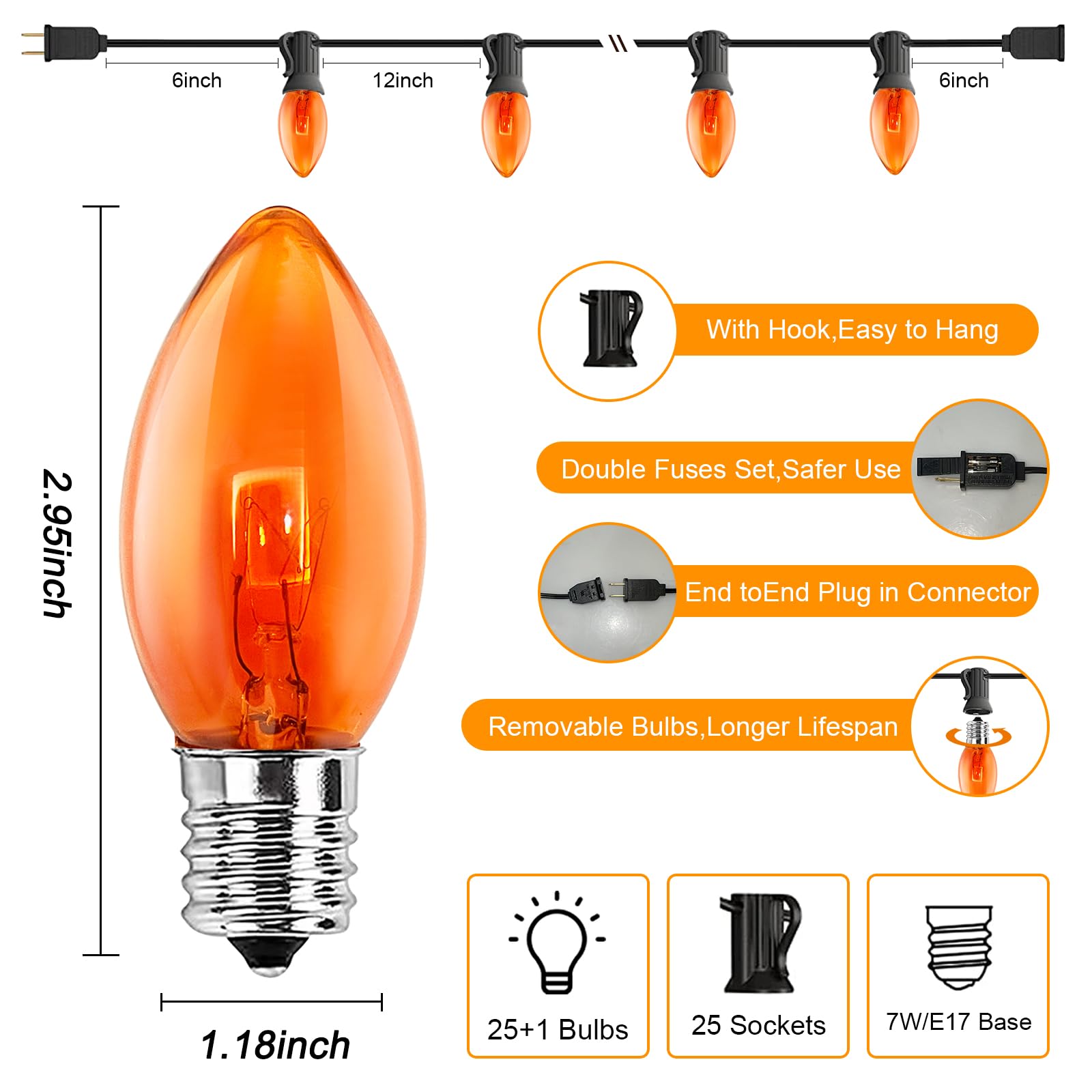 Goothy C9 Orange Christmas String Lights 25Ft Outdoor Christmas String Lights With 26 Clear Orange Bulbs, Connectable Patio Lights Waterproof For Outdoor Halloween Christmas Party Backard Decorations