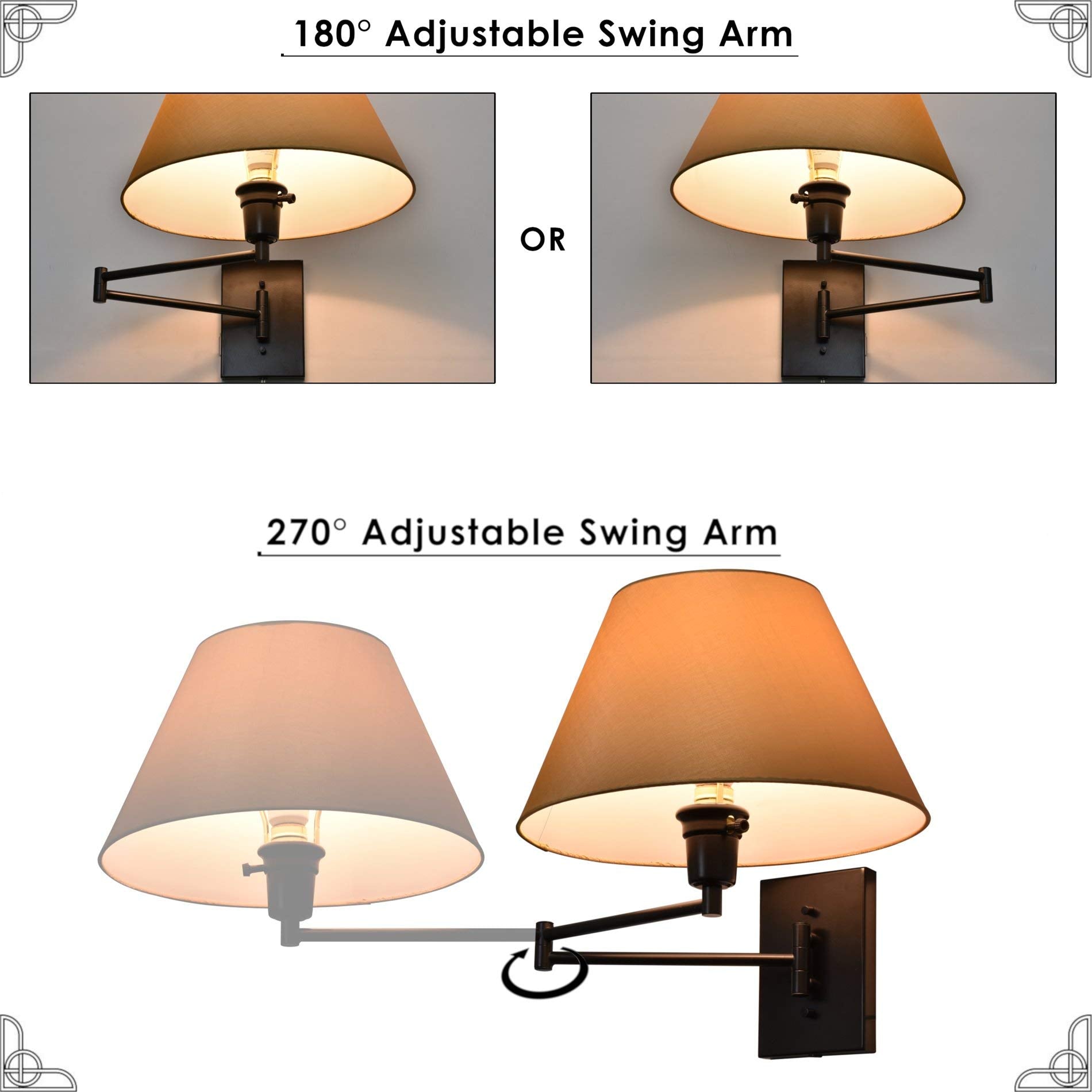 Kira Home Cambridge 15" Swing Arm Wall Lamp, Black Finish, Metal, 2-Pack, 150W 3-Way, Golden Bronze Fabric Shade