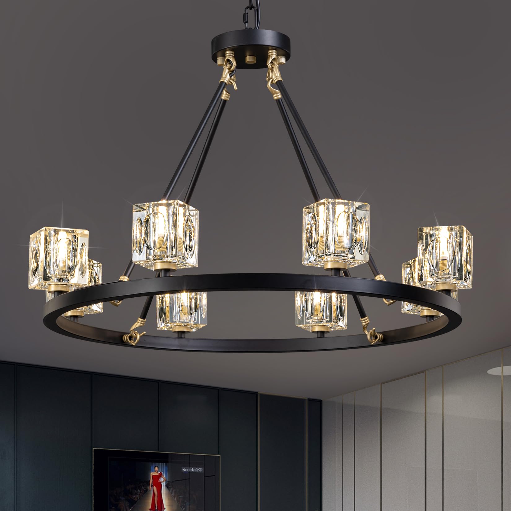 OKES Black Wagon Wheel Chandelier, 8-Light Farmhouse Crystal Chandeleirs with Adjustable Height,Ceiling Hanging Light Fixture Pe