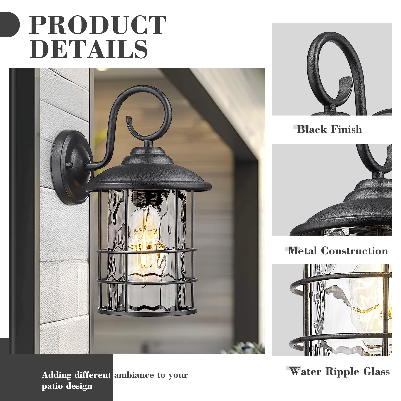 Emliviar Outdoor Wall Sconces, 2 Pack Vintage Lighting, Water Ripple Glass, E26 Base, 12.5 Inch, Model 1803CW2-2PK-WG