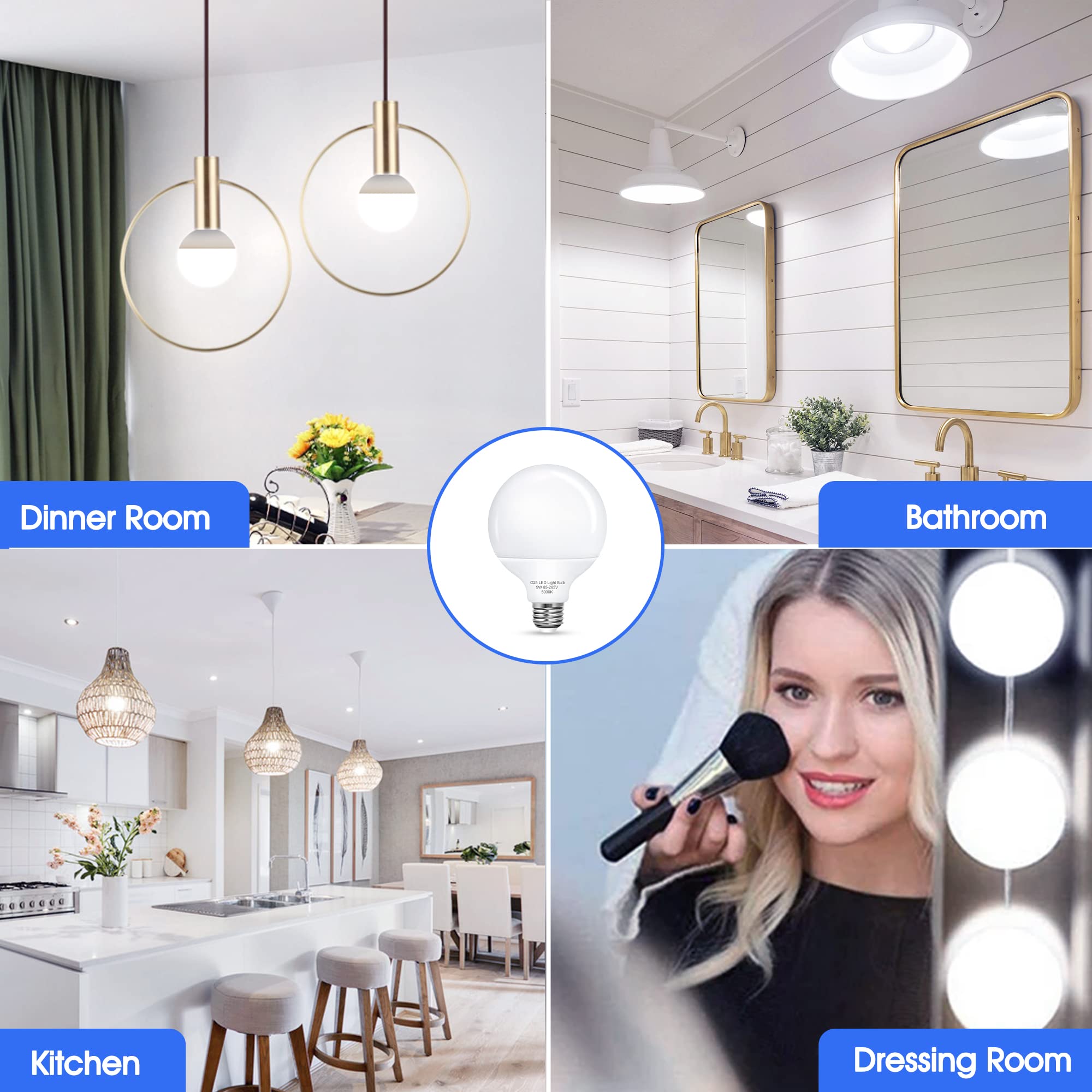 Flaspar G25 LED Vanity Light Bulbs - 9W, Daylight White, E26 Base, 5000K, 900Lm, 4 Count Pack for Bathroom Mirror Lighting