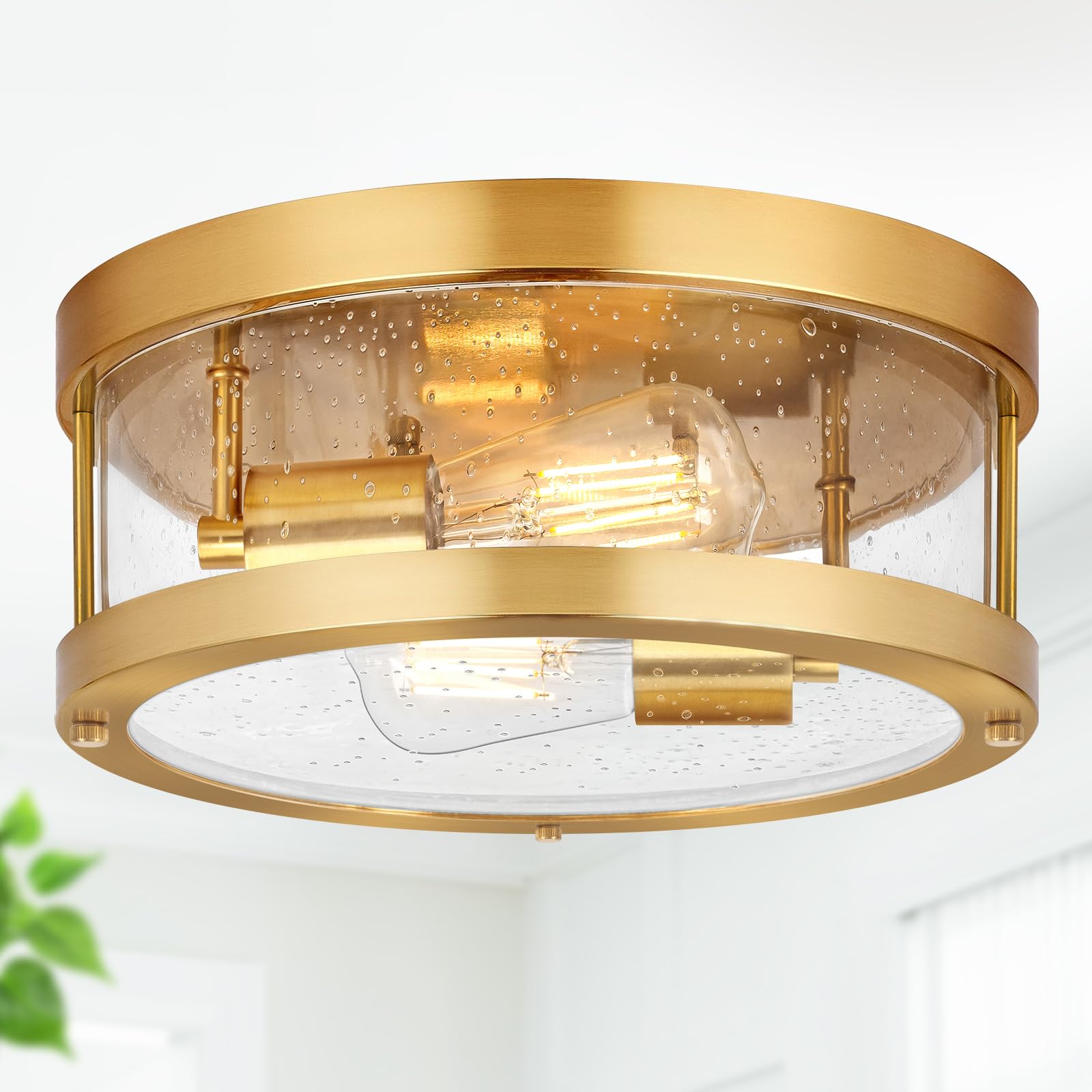 2-Light Gold Close to Ceiling Light Fixture, Farmhouse Light Fixture with Seeded Glass Lampshade, Industrial Flush Mount Ceiling