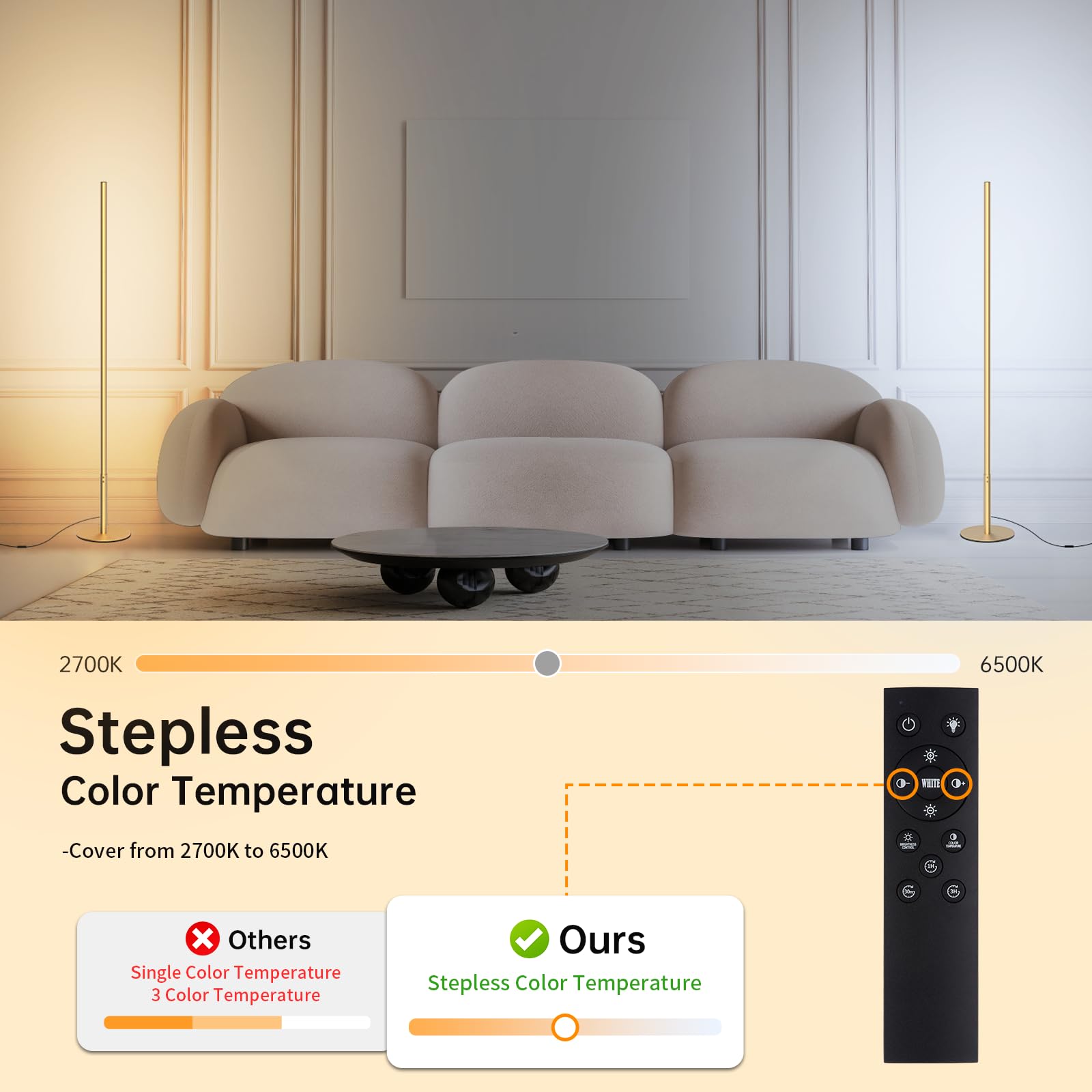 Marlrin Minimalist Corner Floor Lamp LED 2700K-6500K Dimmable Remote Control 57.8in Gold RTL112